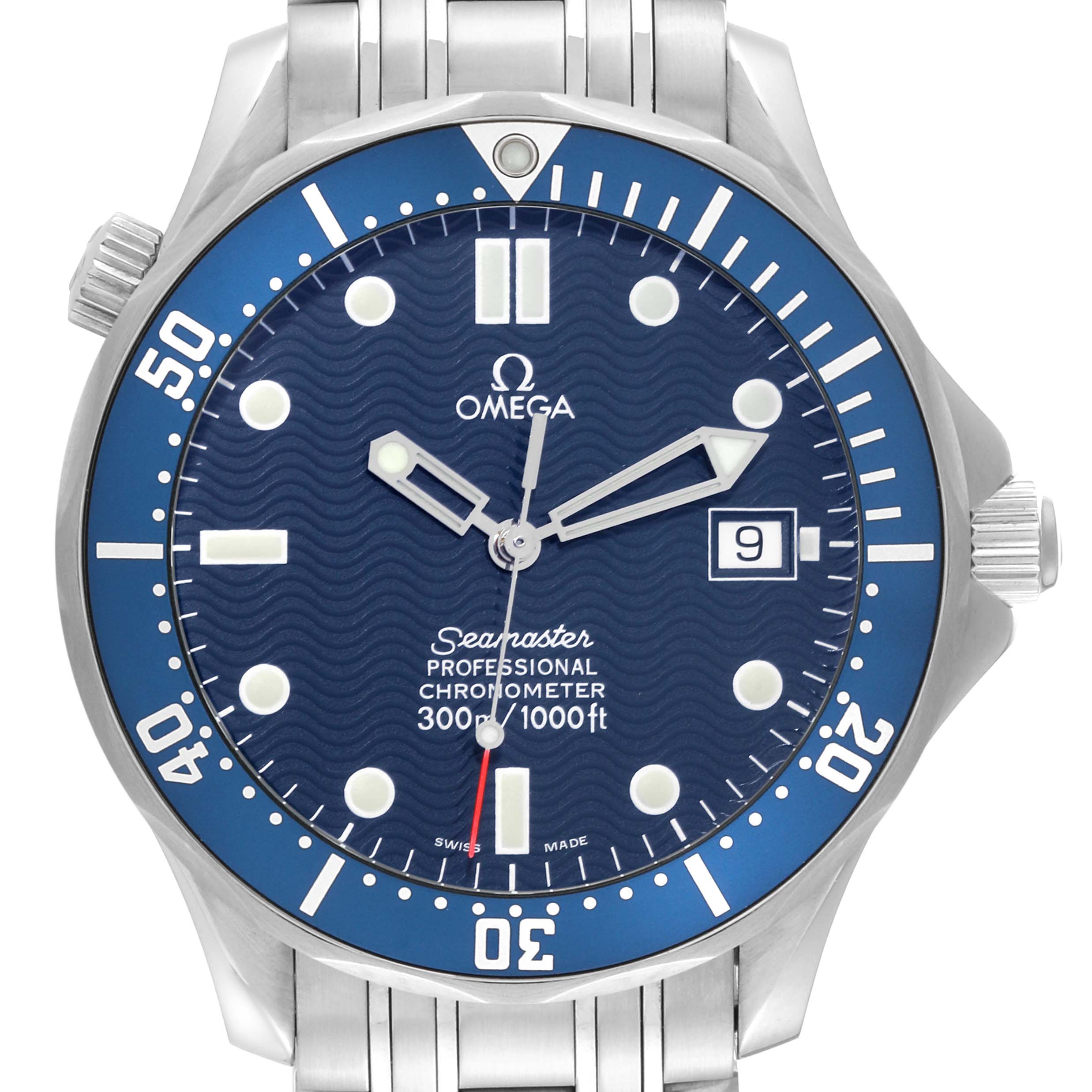 The image shows a front view of an Omega Seamaster 2531.80.00 Men
s Stainless Steel Blue Dial 2531.80.00 Men
s Stainless Steel Blue Dial watch, highlighting its blue dial, bezel, date window, and stainless steel band.