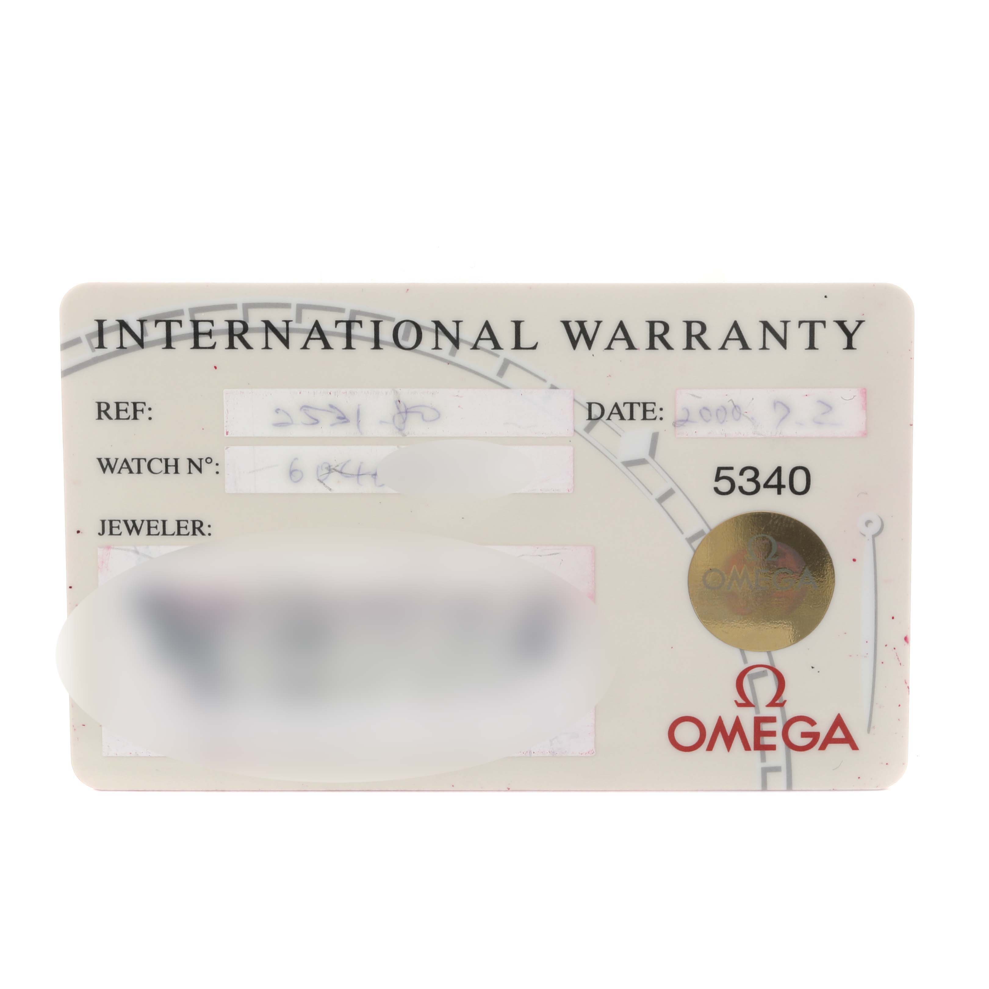 The image shows the front side of the international warranty card for the Omega Seamaster 2531.80.00 Men
s Stainless Steel Blue Dial 2531.80.00 Men
s Stainless Steel Blue Dial watch.