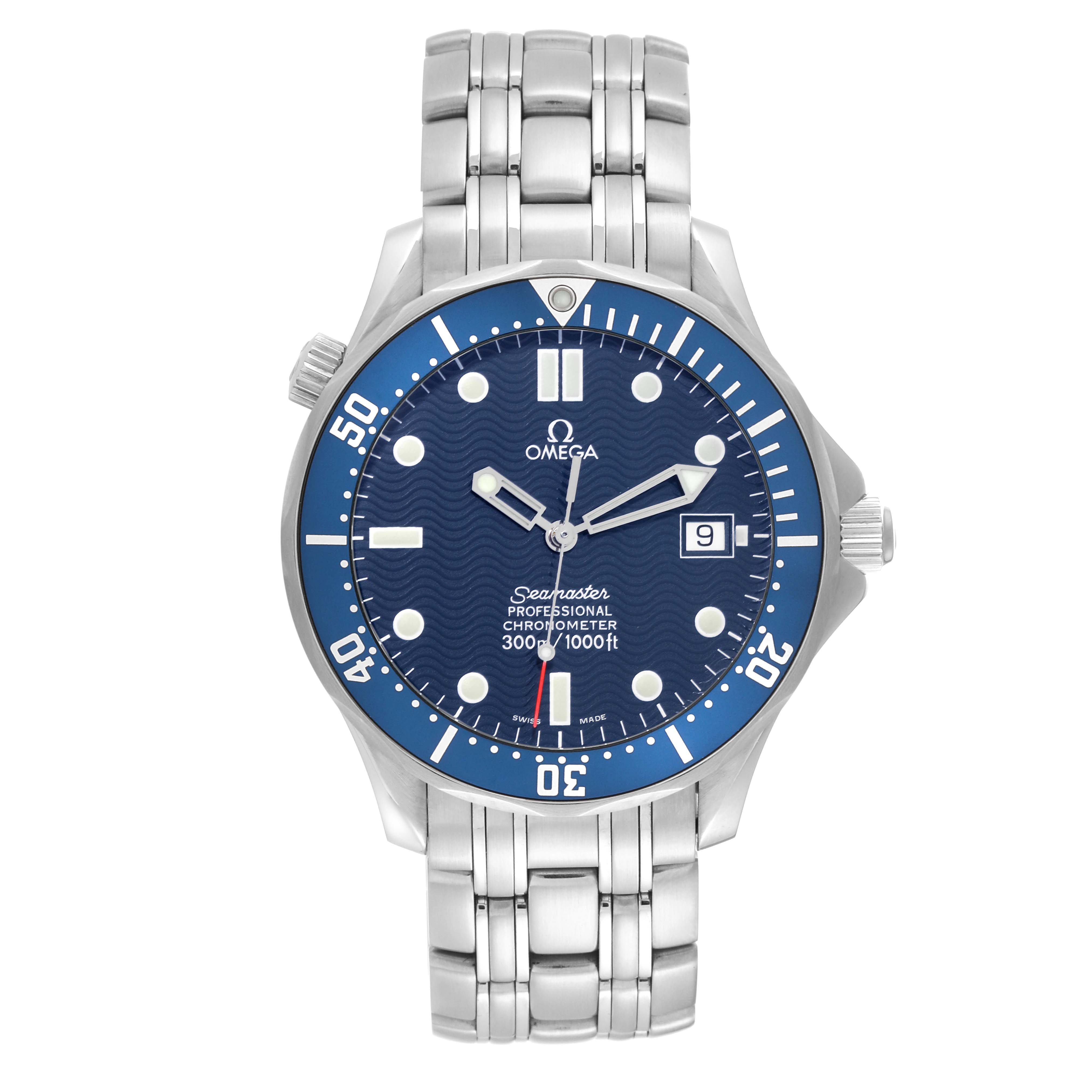 The image shows a front view of the Omega Seamaster 2531.80.00 Men
s Stainless Steel Blue Dial 2531.80.00 Men
s Stainless Steel Blue Dial watch, featuring its blue dial, date display, and stainless steel bracelet.