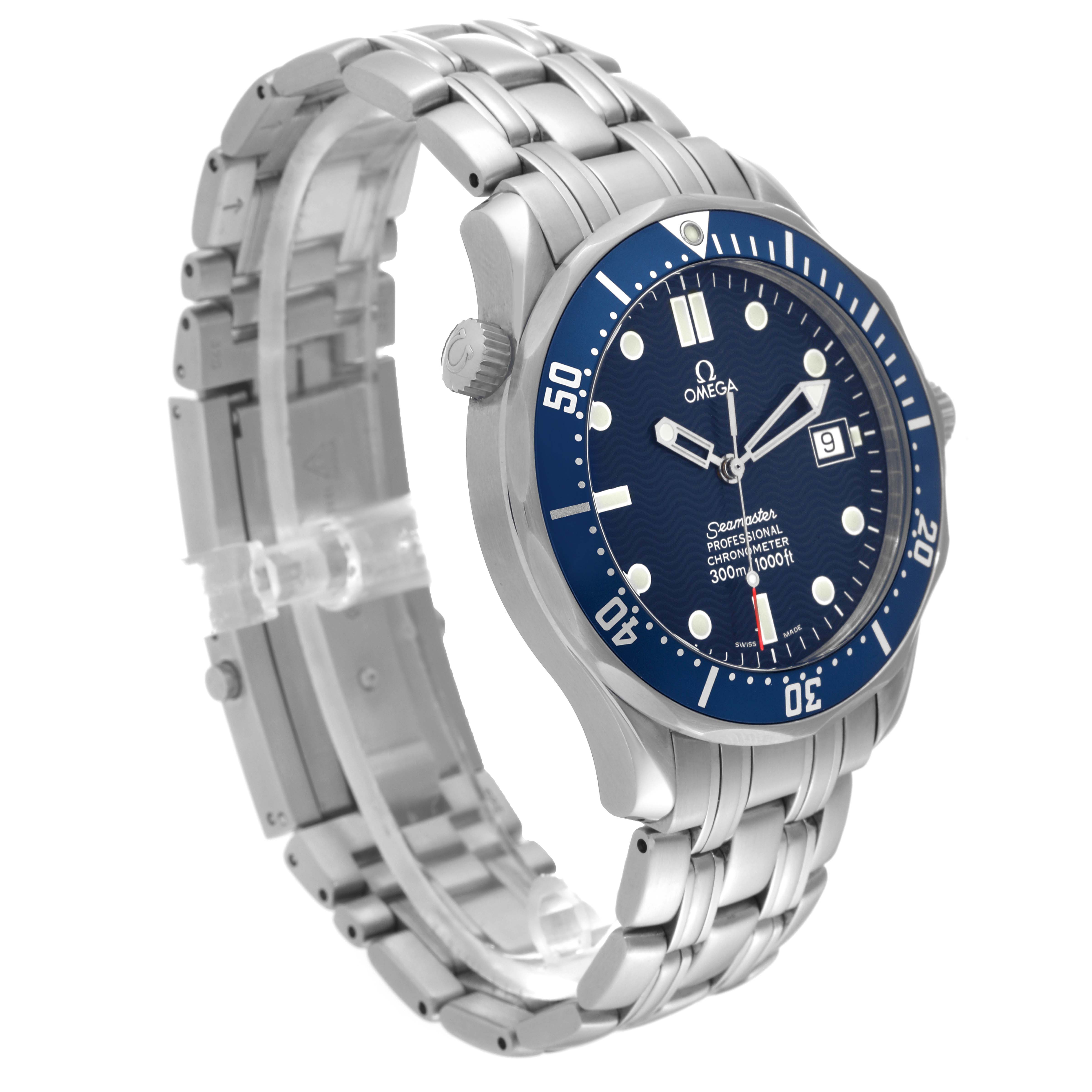 The Omega Seamaster 2531.80.00 Men
s Stainless Steel Blue Dial 2531.80.00 Men
s Stainless Steel Blue Dial watch is shown at a three-quarter angle, displaying the face, bezel, and part of the metal bracelet.