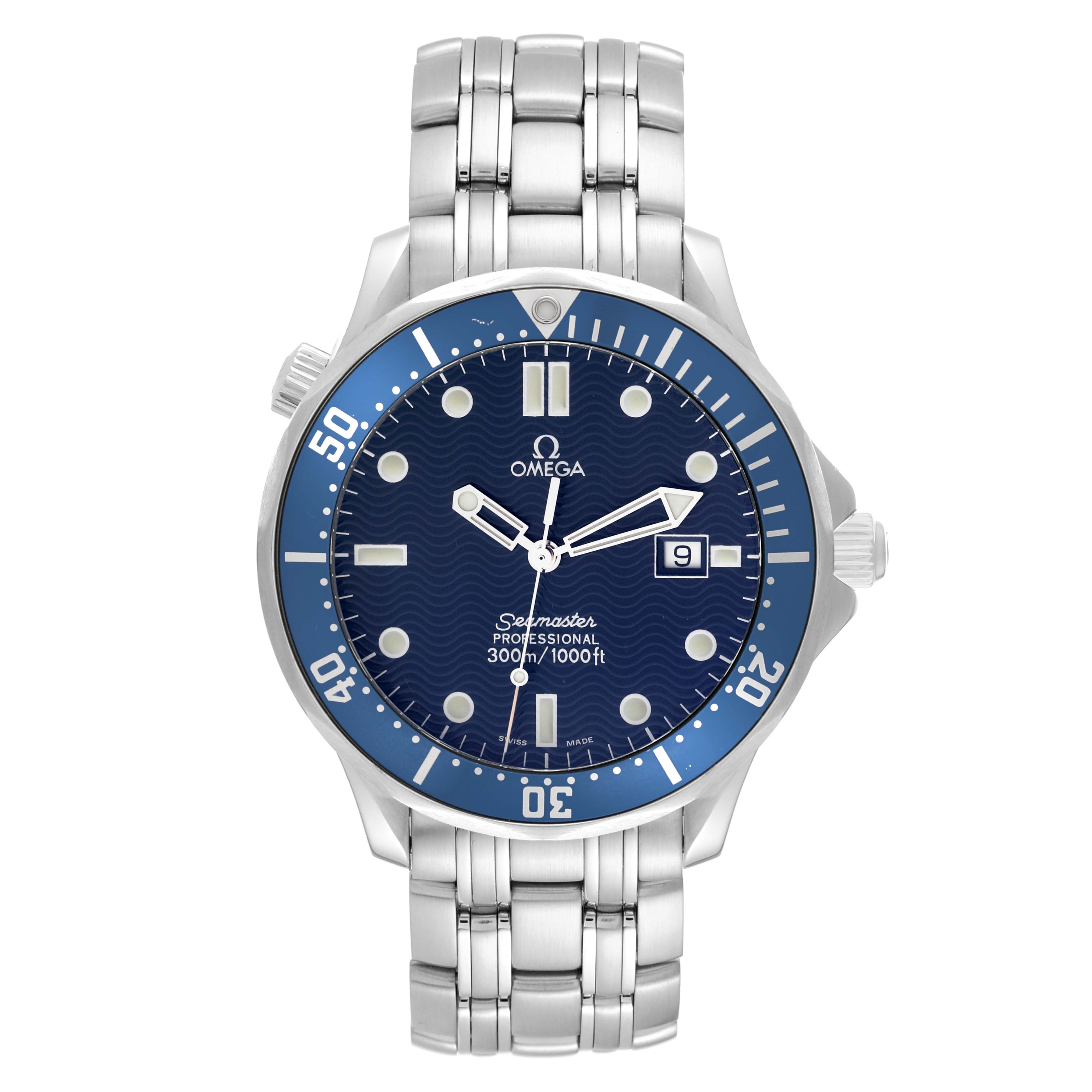 The Omega Seamaster 2541.80.00 Men's Stainless Steel Blue Dial 2541.80.00 Men's Stainless Steel Blue Dial watch is shown from the front, displaying the dial, bezel, and stainless steel bracelet.