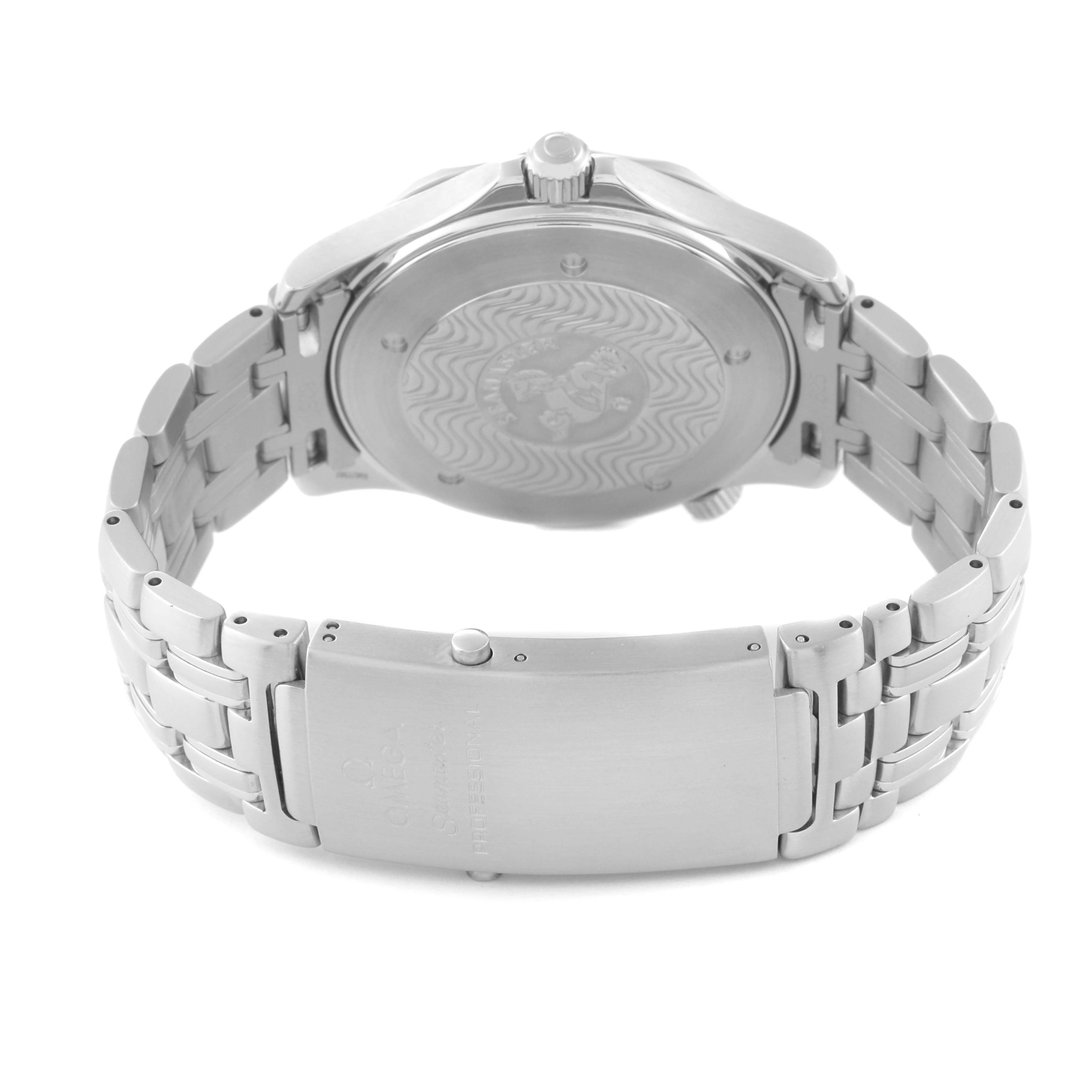 The image shows the back case and metal bracelet of the Omega Seamaster 2541.80.00 Men's Stainless Steel Blue Dial 2541.80.00 Men's Stainless Steel Blue Dial watch at an angle.