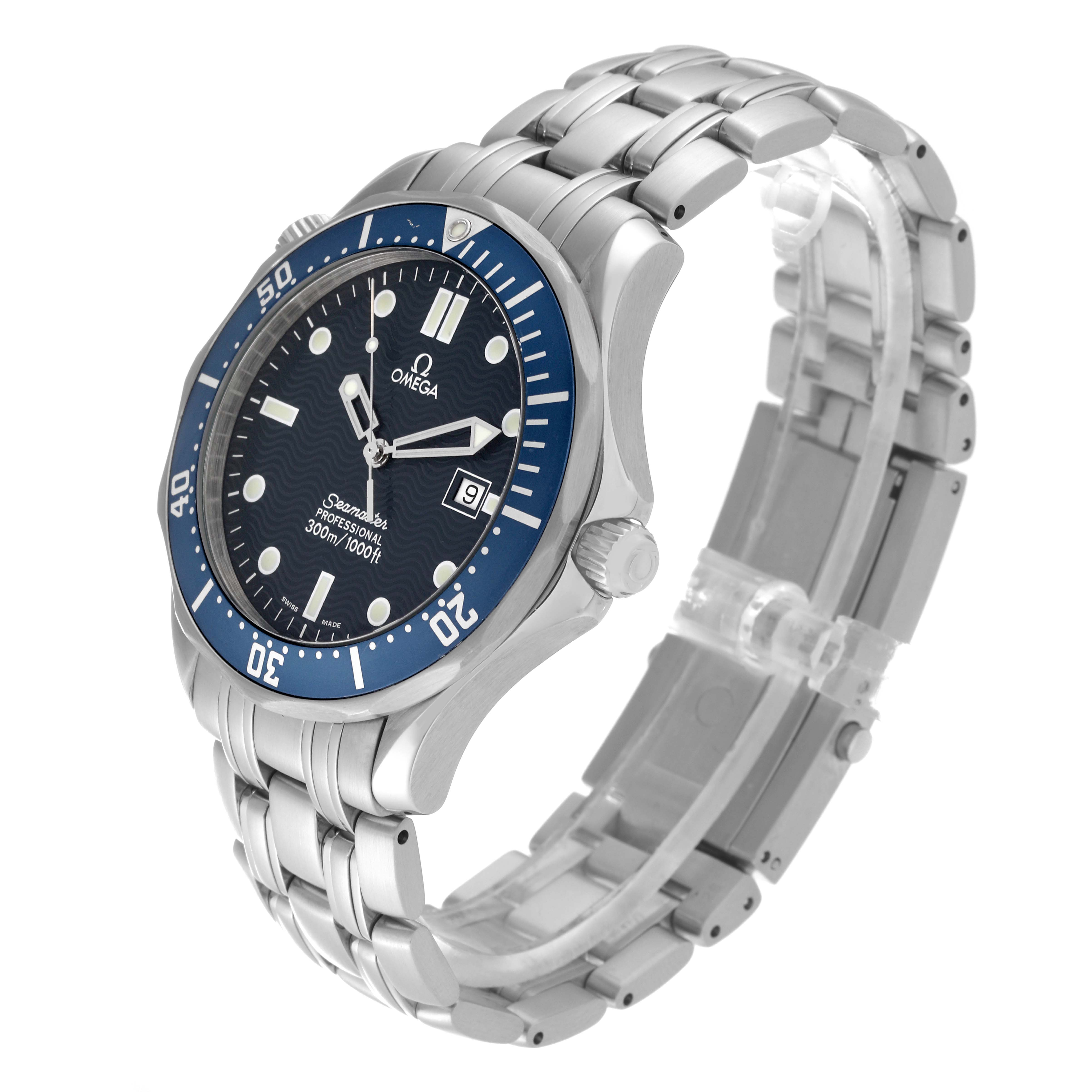 The image shows the Omega Seamaster 2541.80.00 Men's Stainless Steel Blue Dial 2541.80.00 Men's Stainless Steel Blue Dial watch from a front angle, highlighting the face, bezel, and stainless steel bracelet.