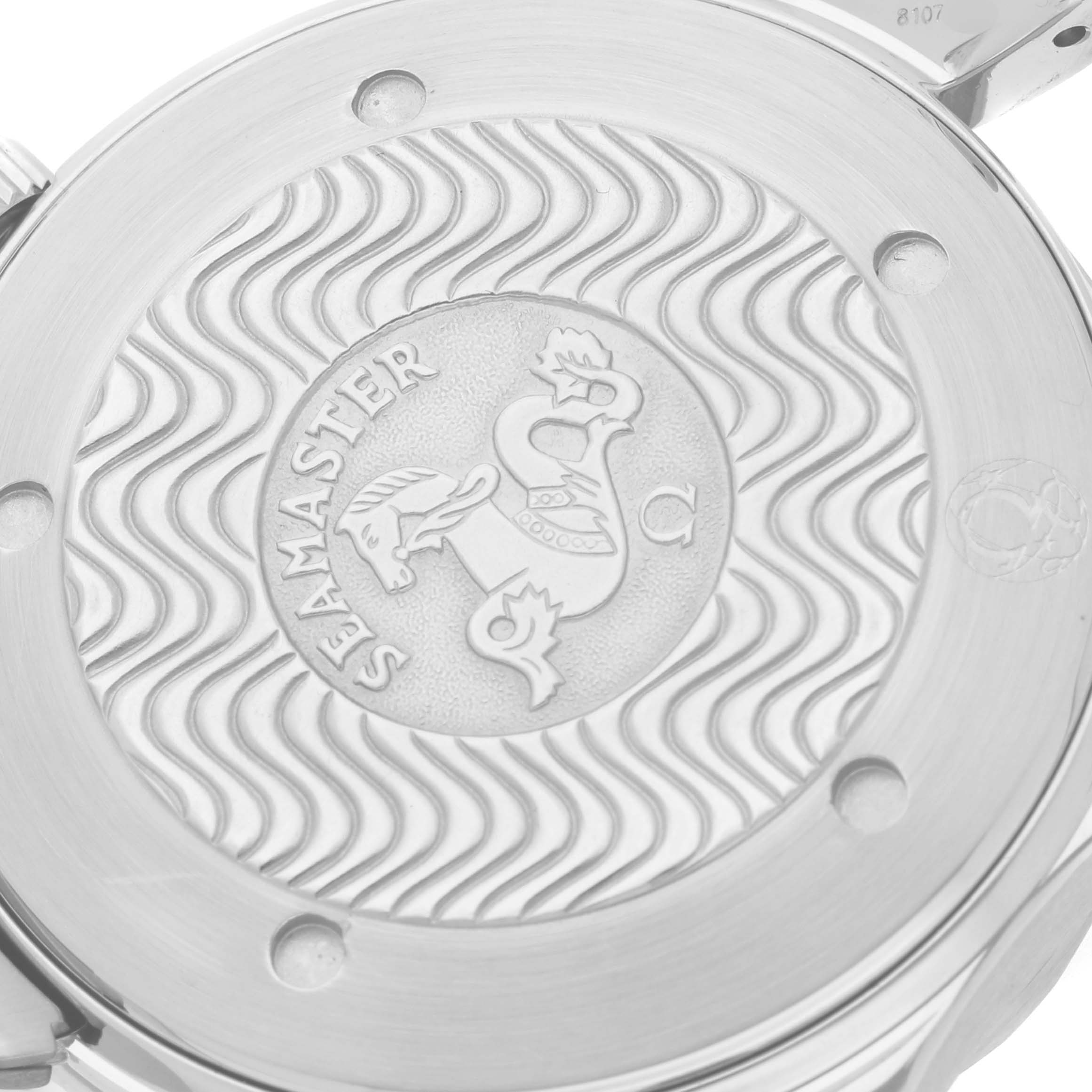 The image shows the back case of an Omega Seamaster 2541.80.00 Men's Stainless Steel Blue Dial 2541.80.00 Men's Stainless Steel Blue Dial watch, featuring engraved details and the brand logo.