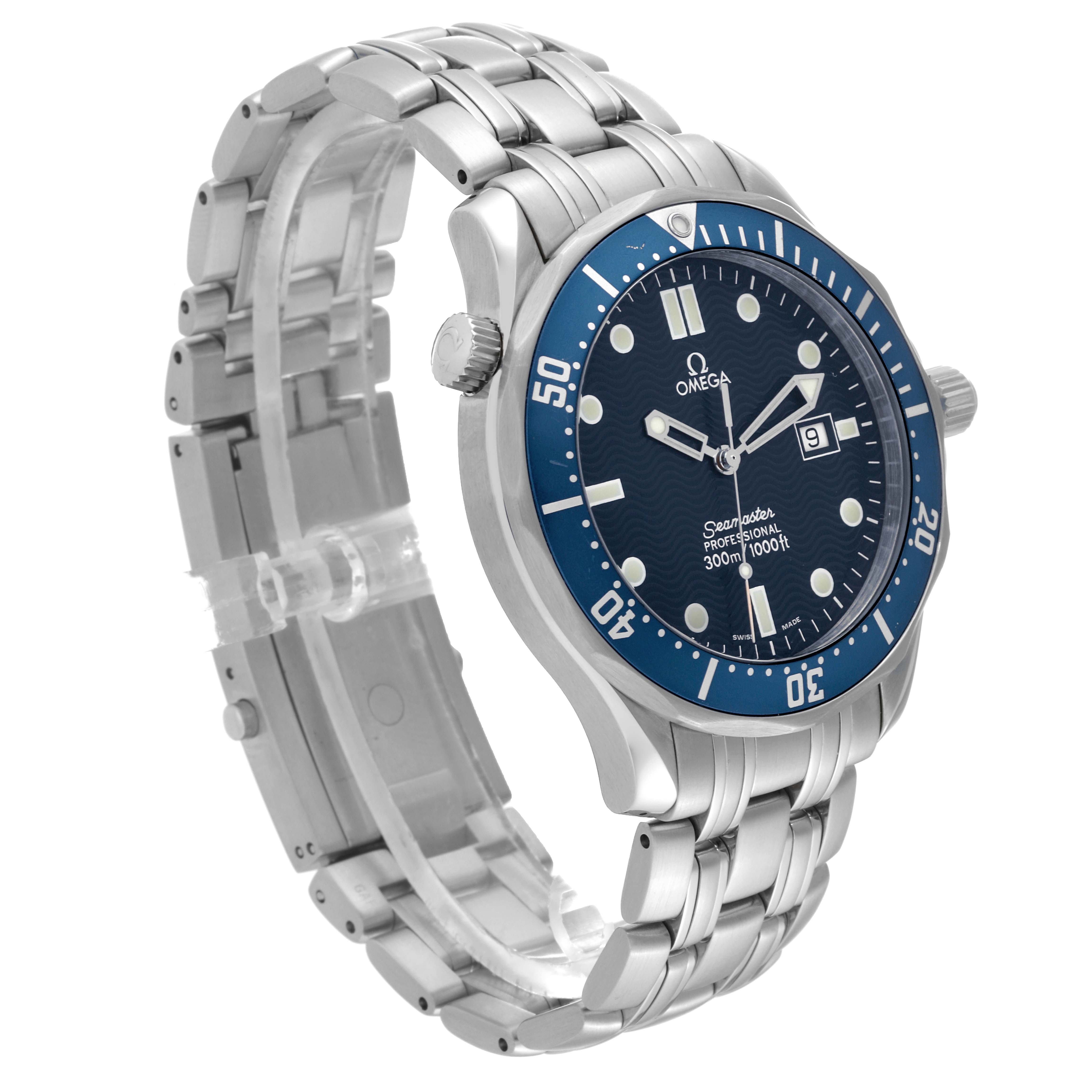 The Omega Seamaster 2541.80.00 Men's Stainless Steel Blue Dial 2541.80.00 Men's Stainless Steel Blue Dial watch is shown at a three-quarter angle, displaying the dial, bezel, crown, and stainless steel bracelet.