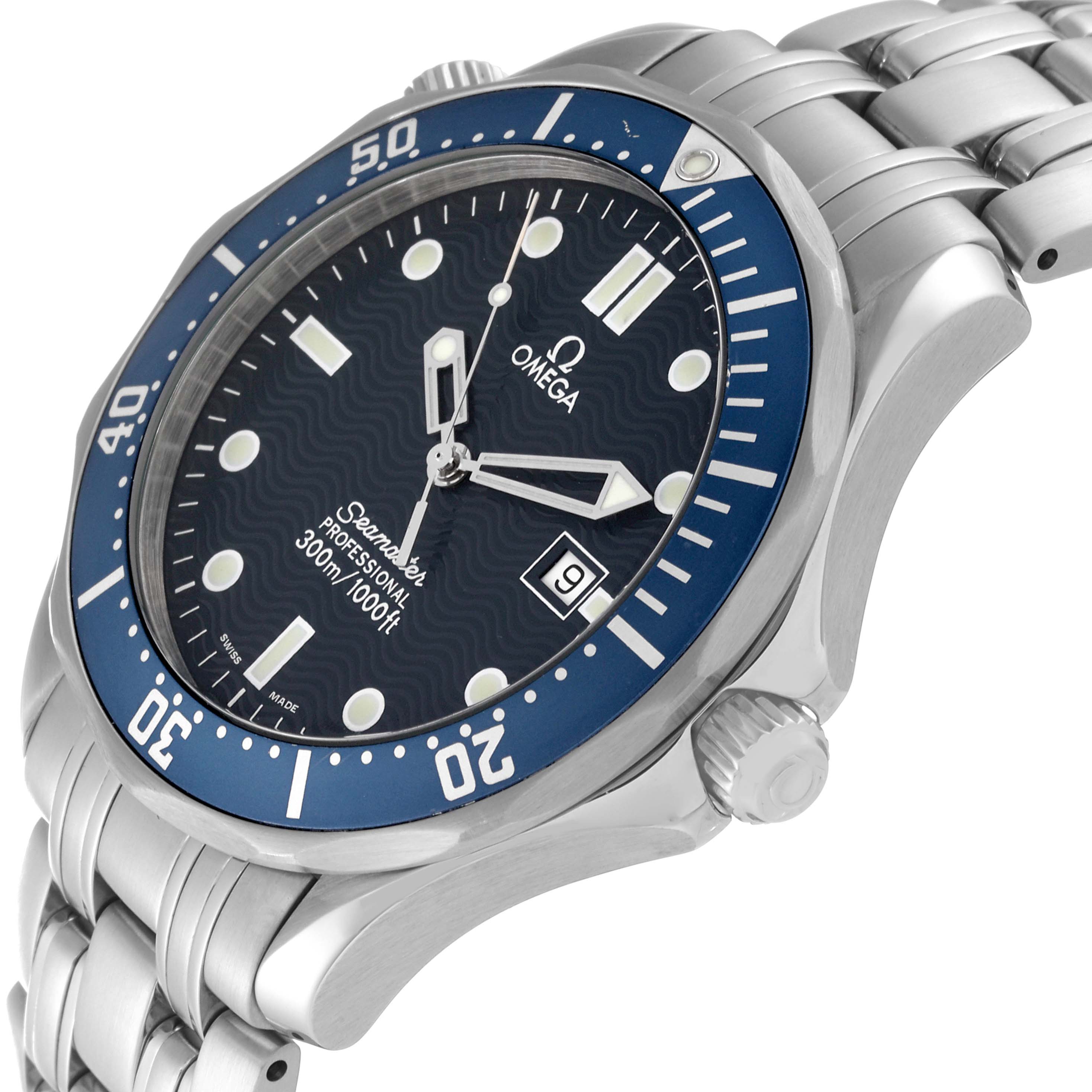 The Omega Seamaster 2541.80.00 Men's Stainless Steel Blue Dial 2541.80.00 Men's Stainless Steel Blue Dial watch is shown at a three-quarter angle, displaying the face, bezel, case, and part of the bracelet.