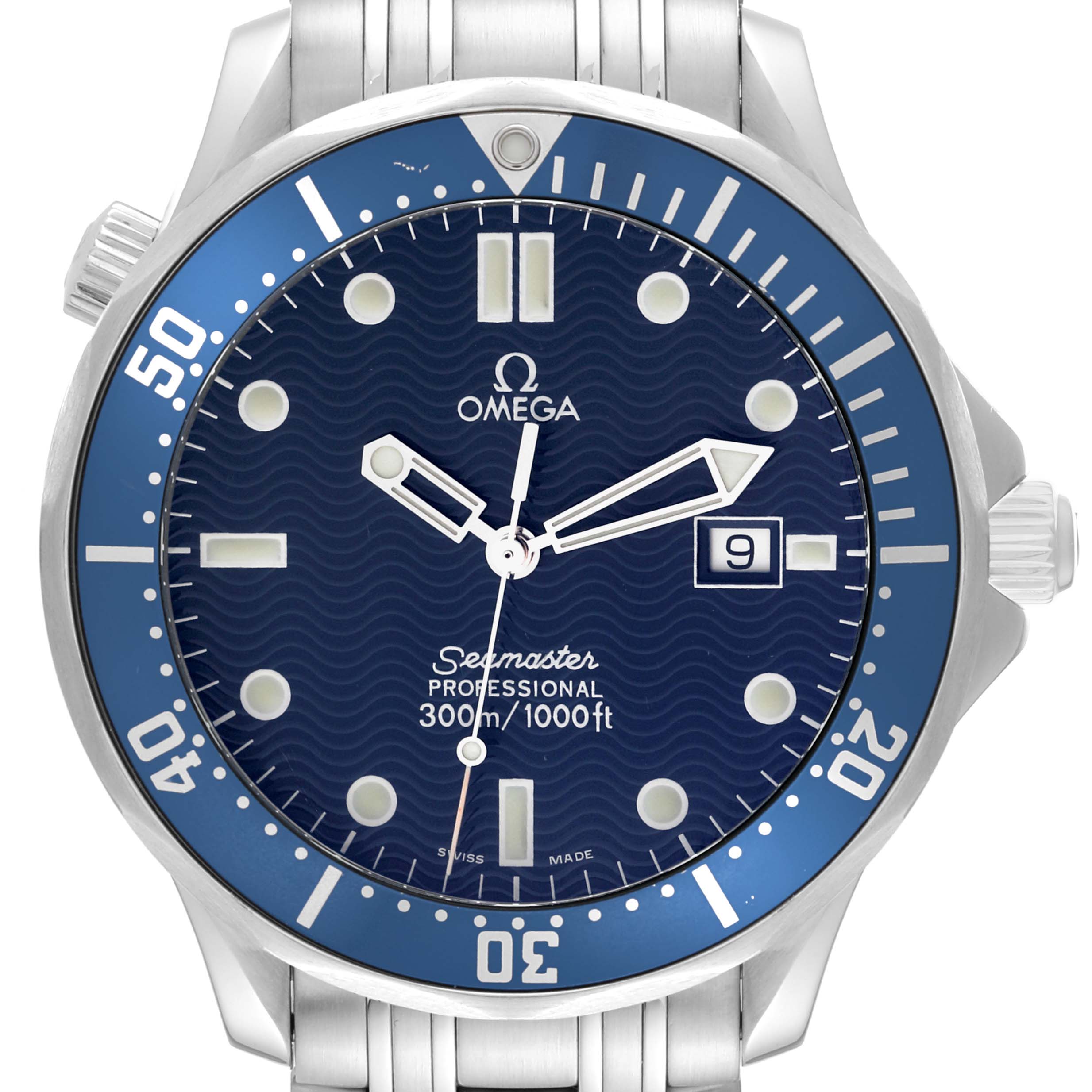 The image shows a front view of the Omega Seamaster 2541.80.00 Men's Stainless Steel Blue Dial 2541.80.00 Men's Stainless Steel Blue Dial watch, highlighting the dial, bezel, hands, and part of the bracelet.