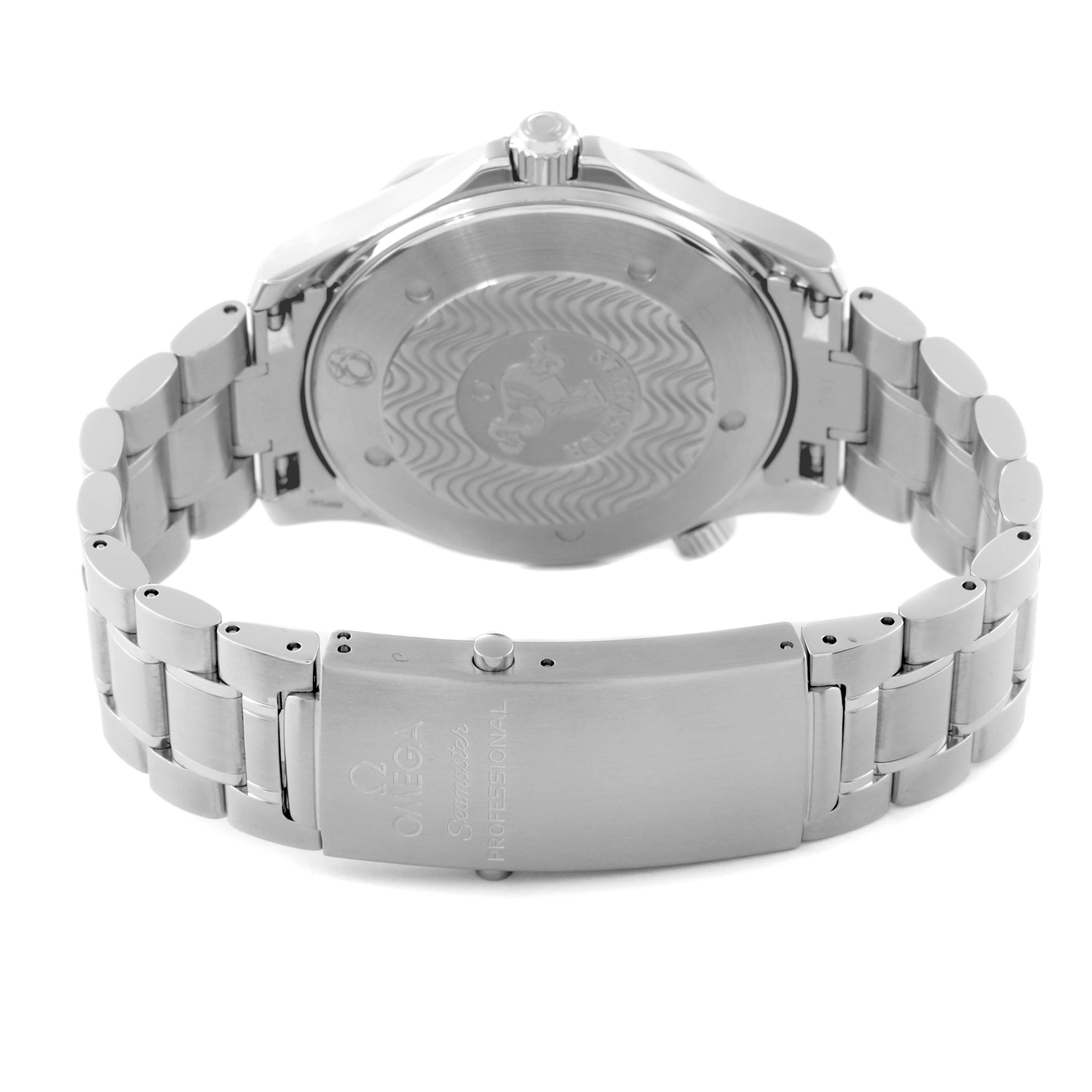 The image shows the back view of an Omega Seamaster 2265.80.00 Men
s Stainless Steel Blue Dial 2265.80.00 Men
s Stainless Steel Blue Dial watch, highlighting the clasp, bracelet, and case back details.