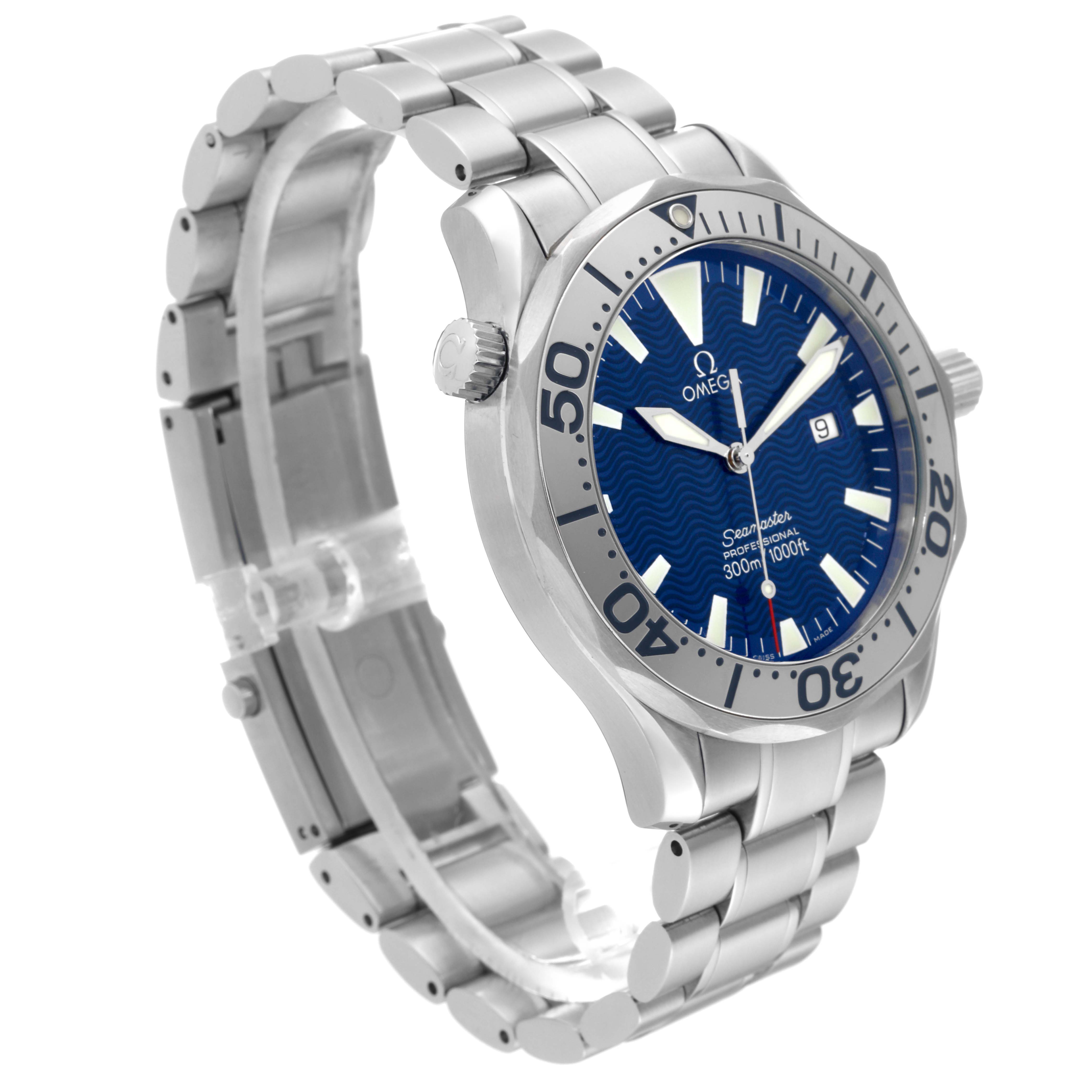 The image shows an Omega Seamaster 2265.80.00 Men
s Stainless Steel Blue Dial 2265.80.00 Men
s Stainless Steel Blue Dial watch at a three-quarter angle, highlighting the dial, bezel, crown, and bracelet.