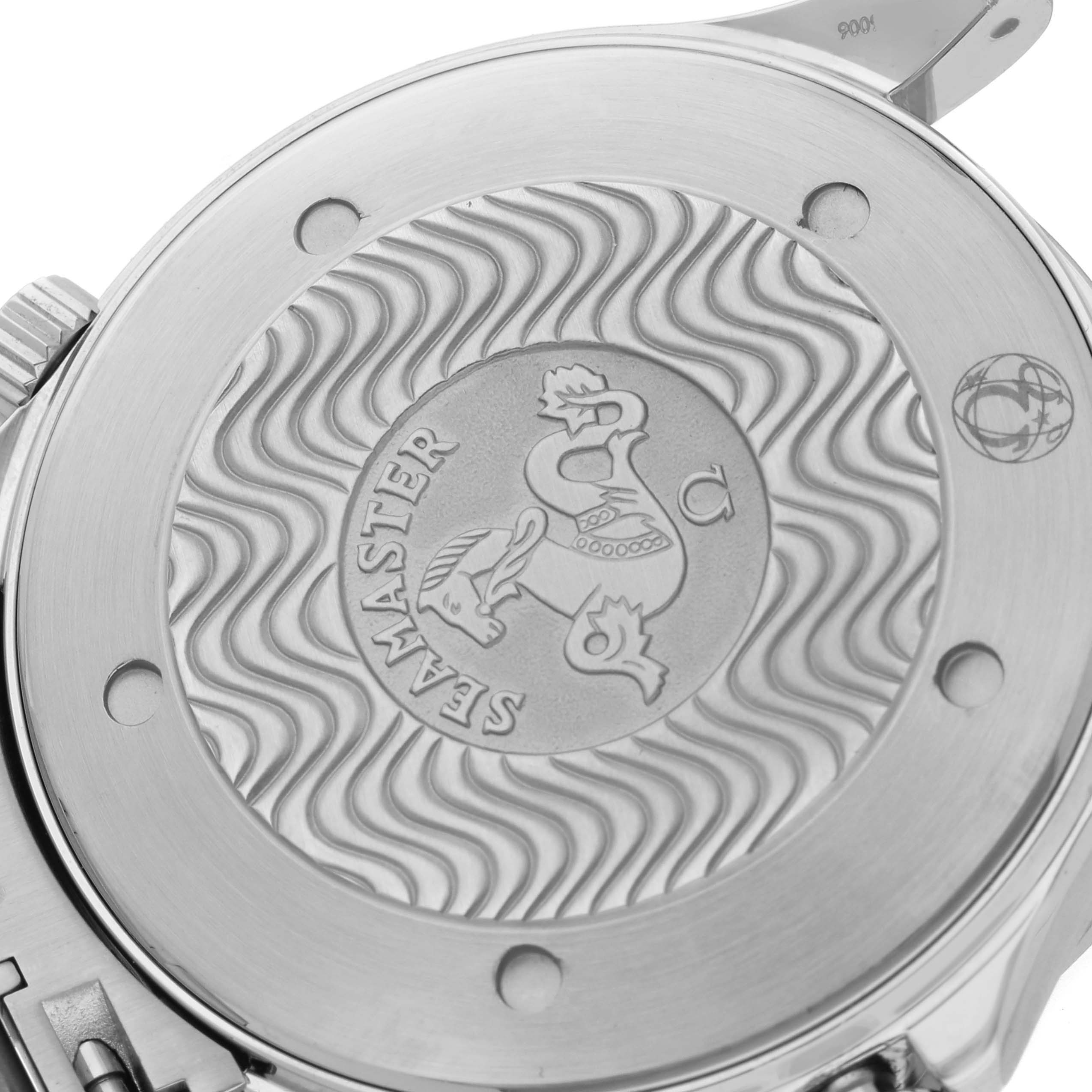 This image shows the case back of an Omega Seamaster 2265.80.00 Men
s Stainless Steel Blue Dial 2265.80.00 Men
s Stainless Steel Blue Dial watch, featuring its engraved logo and design.