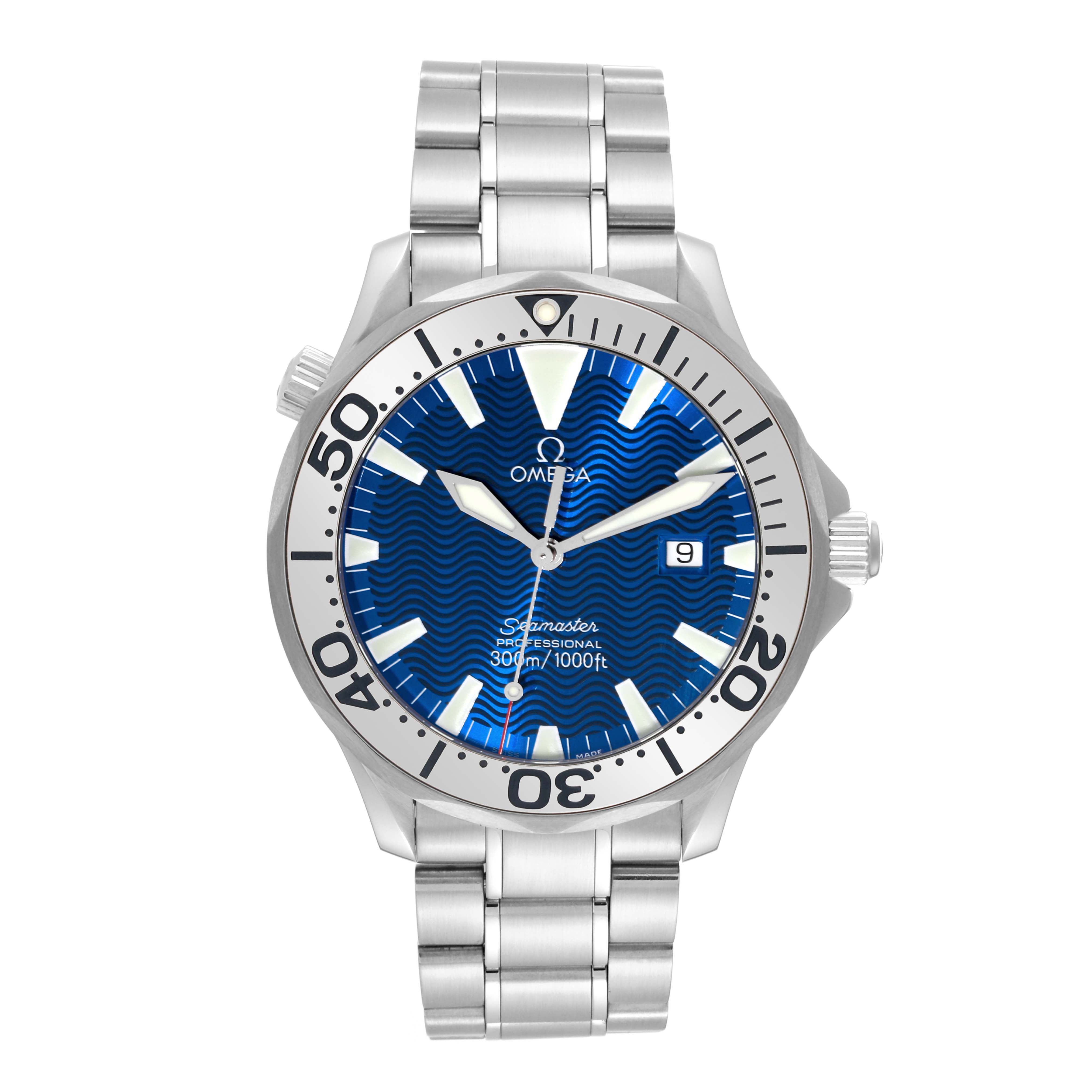 The image shows a front view of the Omega Seamaster 2265.80.00 Men
s Stainless Steel Blue Dial 2265.80.00 Men
s Stainless Steel Blue Dial watch, highlighting its blue dial, bezel, and stainless steel bracelet.