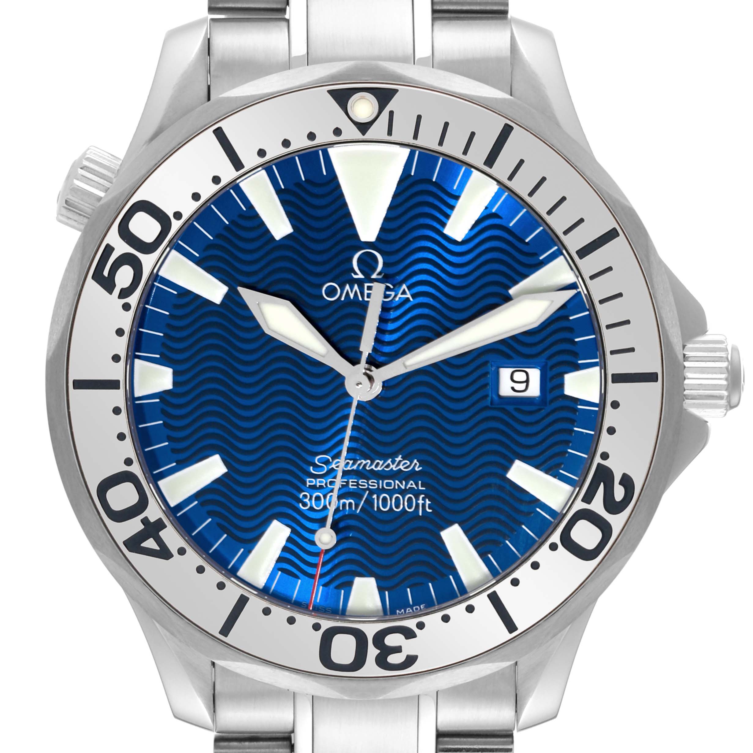 The image shows a frontal view of the Omega Seamaster 2265.80.00 Men
s Stainless Steel Blue Dial 2265.80.00 Men
s Stainless Steel Blue Dial watch displaying its blue dial, date window, and stainless steel bezel.