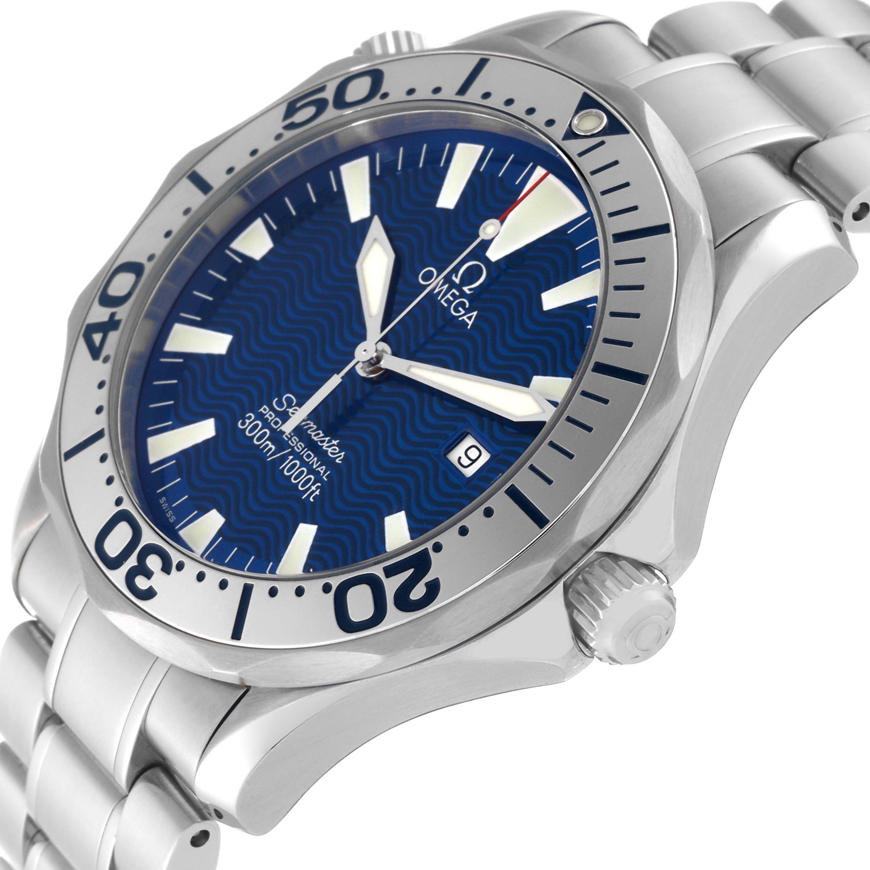 The image shows an angled view of an Omega Seamaster 2265.80.00 Men
s Stainless Steel Blue Dial 2265.80.00 Men
s Stainless Steel Blue Dial
s dial, bezel, crown, and part of the bracelet.