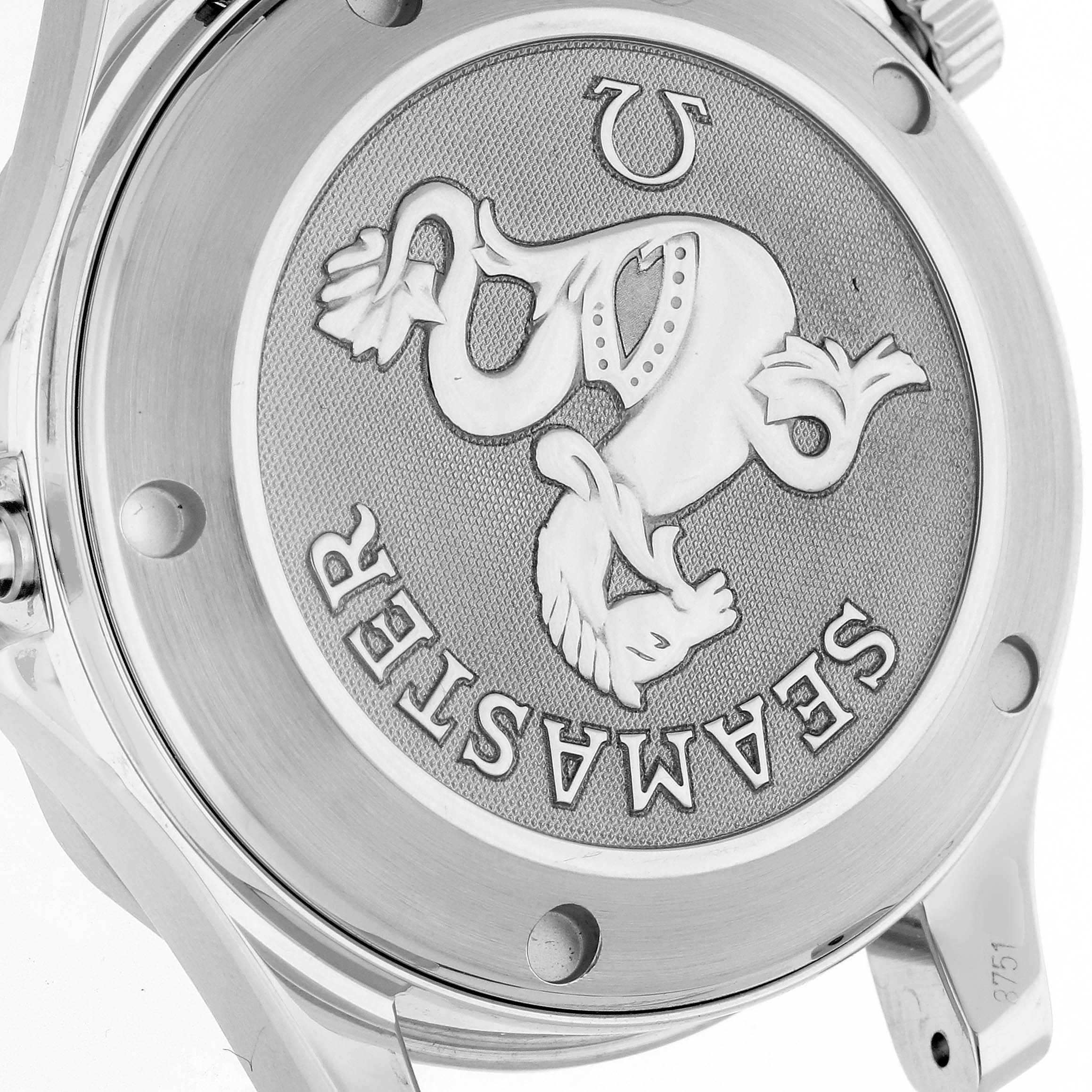 The image shows the case back of an Omega Seamaster 2222.80.00 Men
s Stainless Steel Blue Dial 2222.80.00 Men
s Stainless Steel Blue Dial watch, featuring an engraved seahorse emblem.