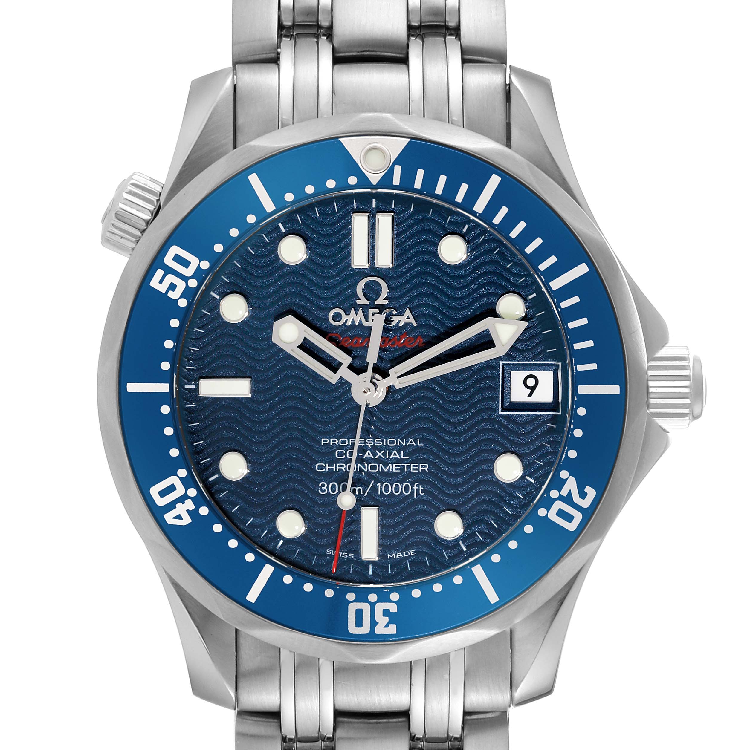 The image shows a front view of an Omega Seamaster 2222.80.00 Men
s Stainless Steel Blue Dial 2222.80.00 Men
s Stainless Steel Blue Dial, displaying its dial, hands, bezel, and part of the steel bracelet.