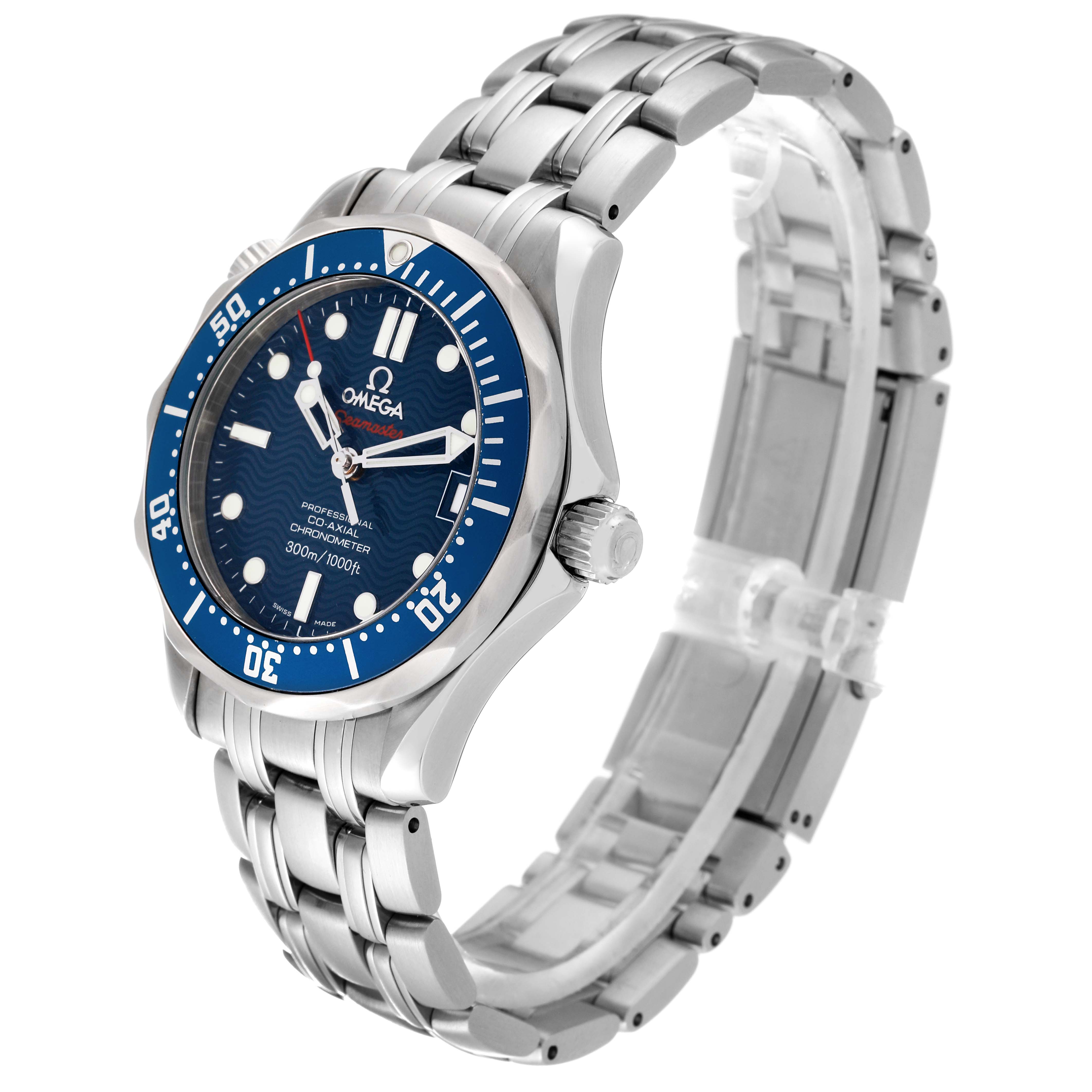 The image shows an angled side view of the Omega Seamaster 2222.80.00 Men
s Stainless Steel Blue Dial 2222.80.00 Men
s Stainless Steel Blue Dial watch, showcasing the bracelet, crown, and blue dial.