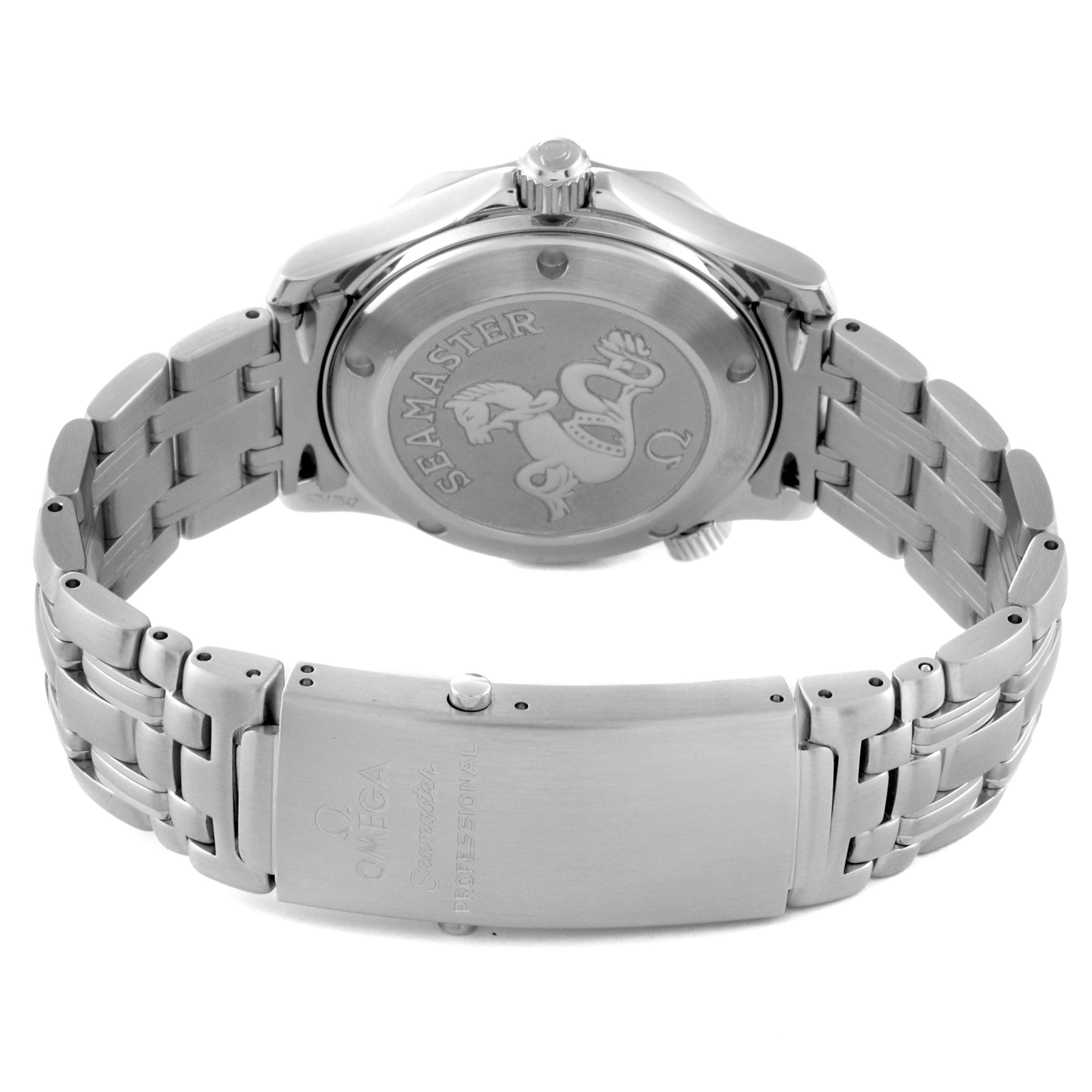 This image shows the back case and bracelet of the Omega Seamaster 2222.80.00 Men
s Stainless Steel Blue Dial 2222.80.00 Men
s Stainless Steel Blue Dial watch featuring the brand
s engraving.