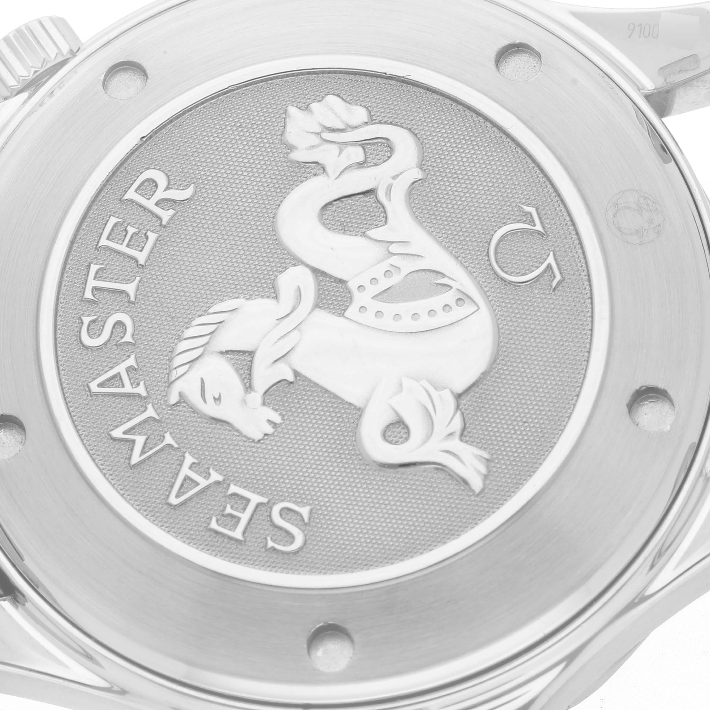 The image shows the case back of an Omega Seamaster 212.30.41.61.01.001 Men's Stainless Steel Black Dial 212.30.41.61.01.001 Men's Stainless Steel Black Dial watch featuring a seahorse engraving.