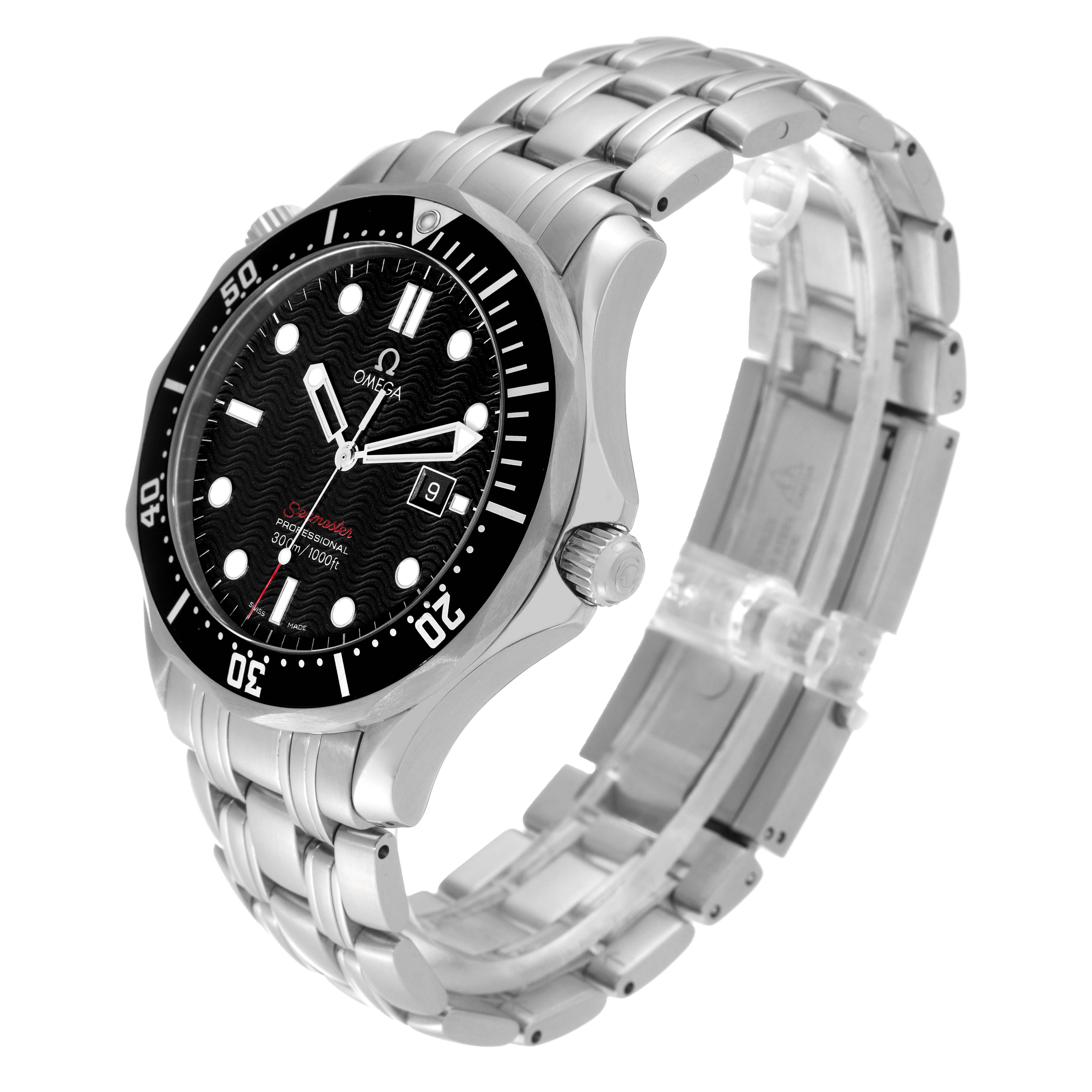 The image shows a side angle of an Omega Seamaster 212.30.41.61.01.001 Men's Stainless Steel Black Dial 212.30.41.61.01.001 Men's Stainless Steel Black Dial watch, highlighting the face, bezel, crown, and stainless steel bracelet.