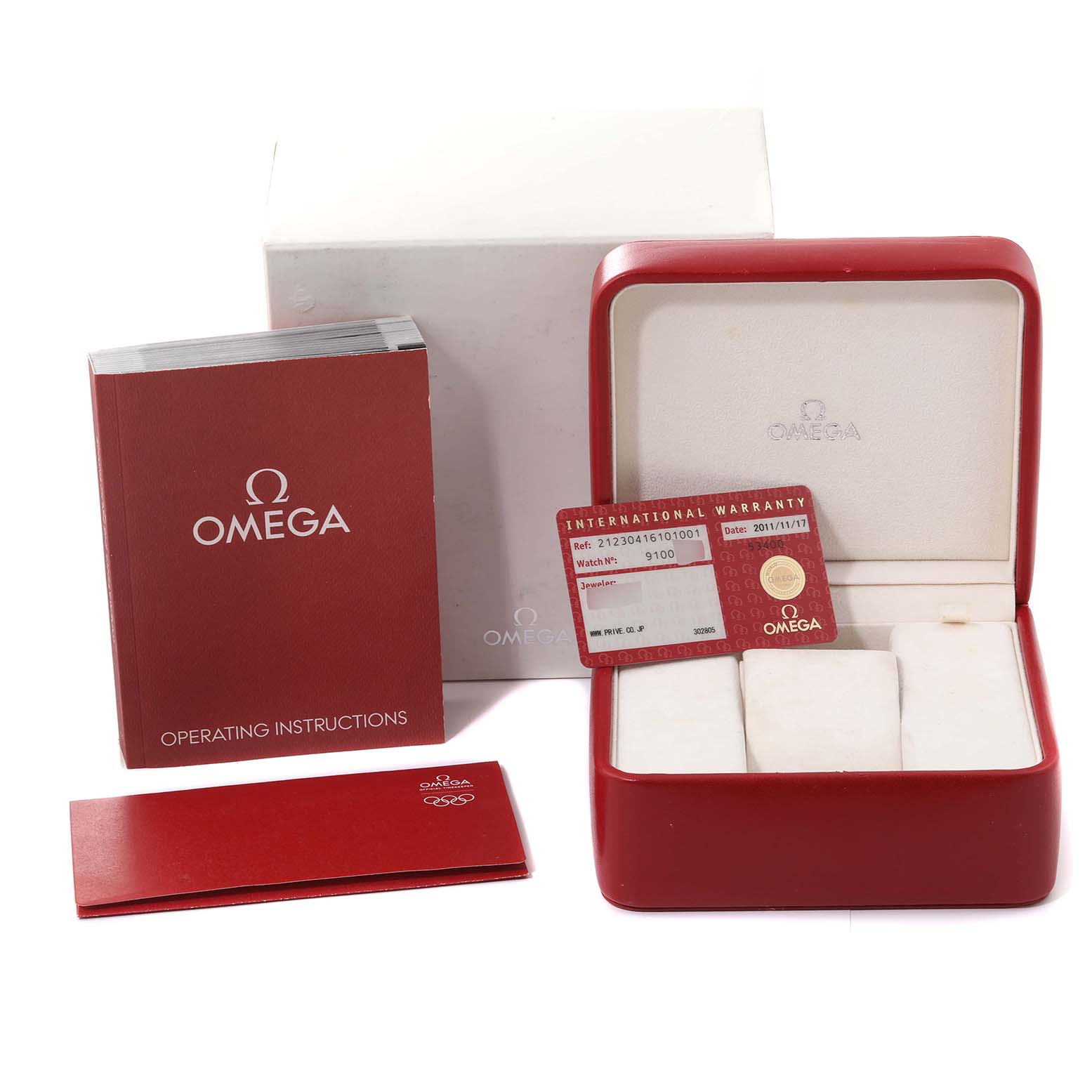 The image shows a red Omega Seamaster 212.30.41.61.01.001 Men's Stainless Steel Black Dial 212.30.41.61.01.001 Men's Stainless Steel Black Dial watch box, an international warranty card, operating instructions, and packaging.