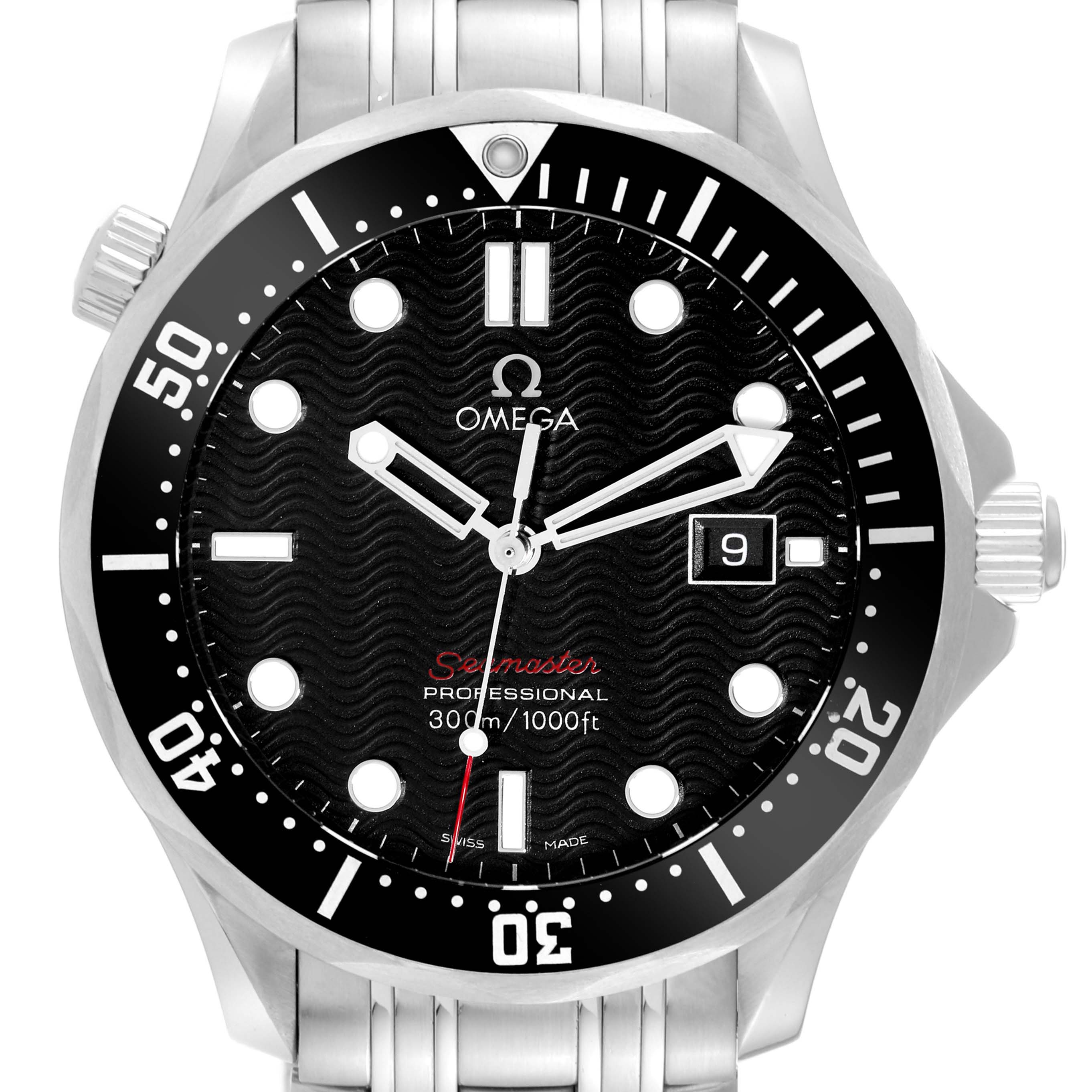 This image shows the front view of an Omega Seamaster 212.30.41.61.01.001 Men's Stainless Steel Black Dial 212.30.41.61.01.001 Men's Stainless Steel Black Dial watch, displaying the complete dial, hands, bezel, and part of the bracelet.