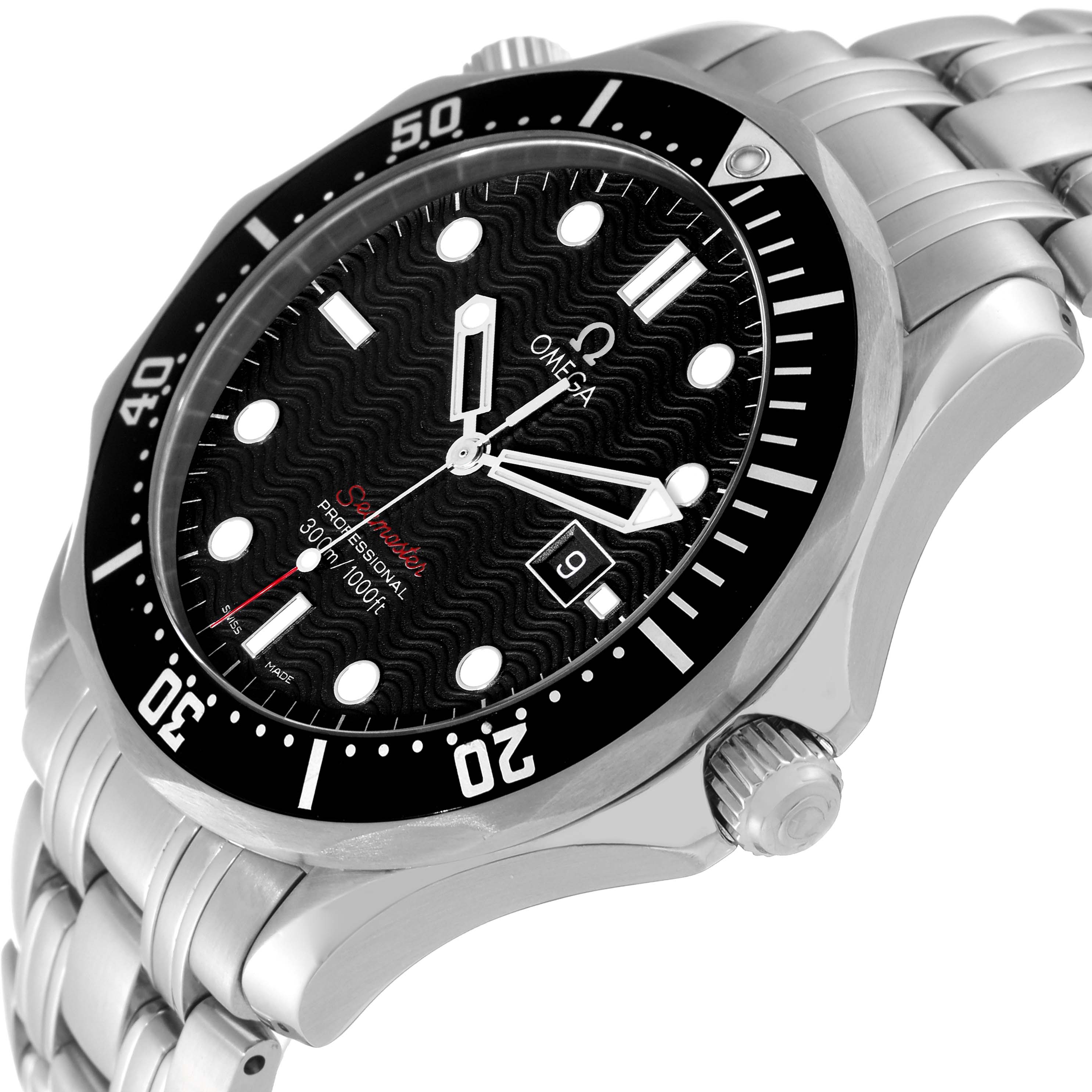 The image shows an angled view of an Omega Seamaster 212.30.41.61.01.001 Men's Stainless Steel Black Dial 212.30.41.61.01.001 Men's Stainless Steel Black Dial watch, highlighting its black dial, stainless steel case, and bracelet.