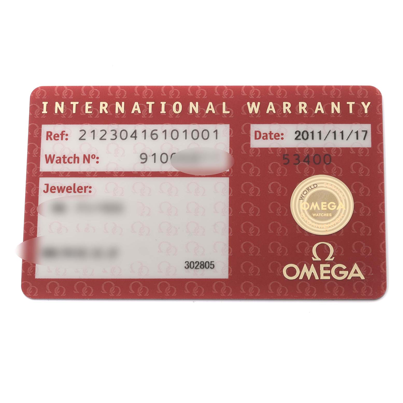 This image shows the international warranty card for the Omega Seamaster 212.30.41.61.01.001 Men's Stainless Steel Black Dial 212.30.41.61.01.001 Men's Stainless Steel Black Dial watch.