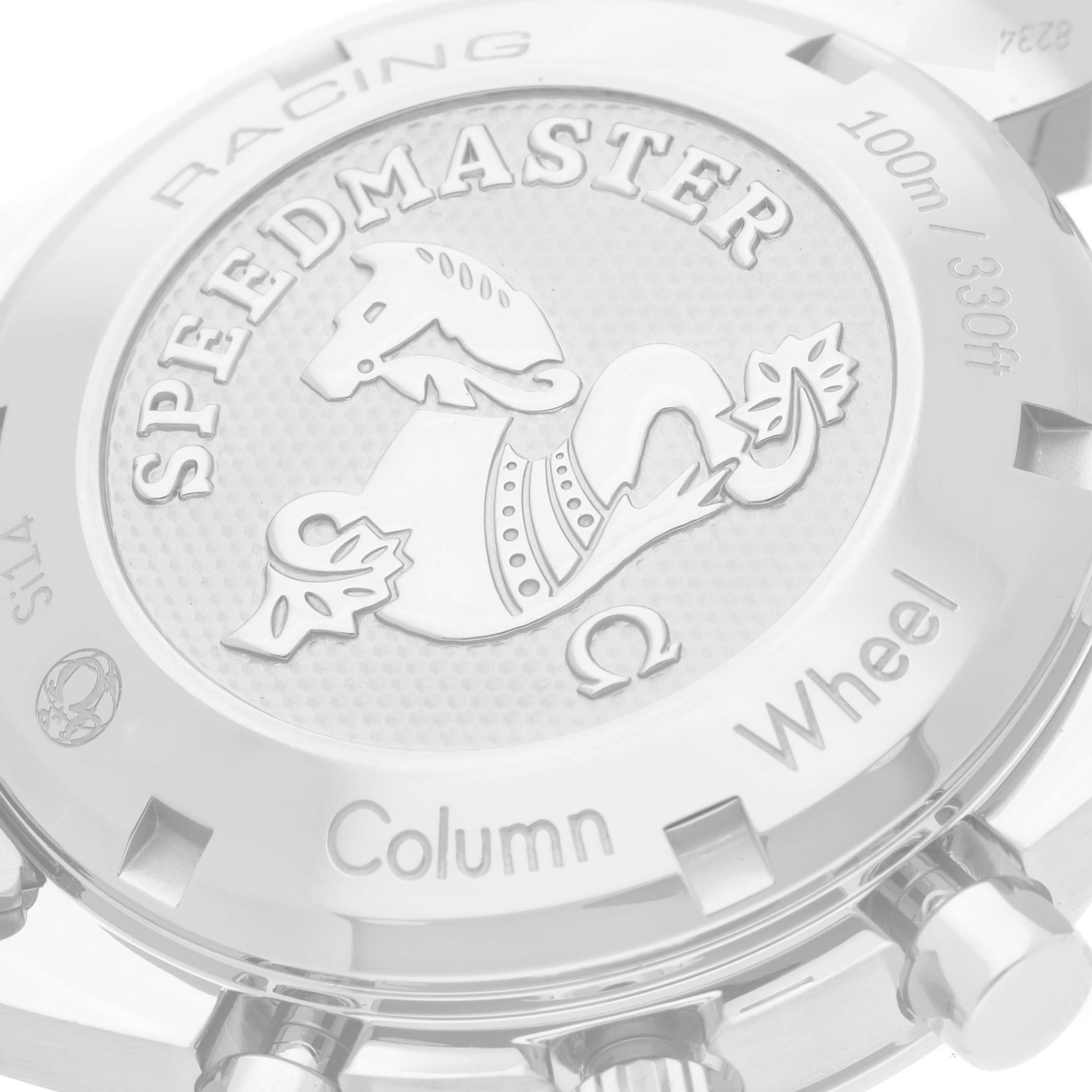 This image shows the back case of an Omega Speedmaster 326.30.40.50.03.001 Men
s Stainless Steel Blue Dial 326.30.40.50.03.001 Men
s Stainless Steel Blue Dial Racing watch, highlighting its engraved logo and text.