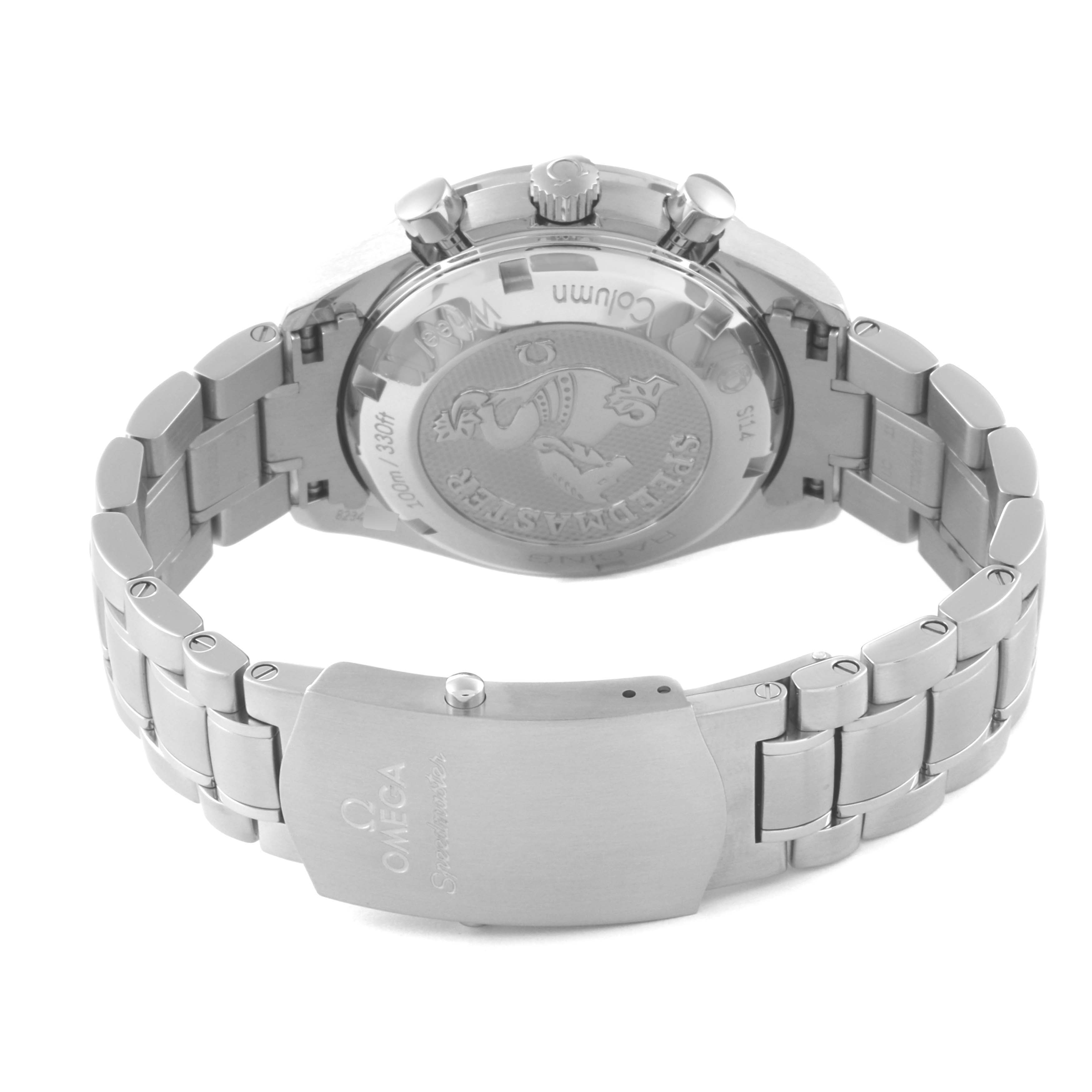 This image shows the back view of an Omega Speedmaster 326.30.40.50.03.001 Men
s Stainless Steel Blue Dial 326.30.40.50.03.001 Men
s Stainless Steel Blue Dial watch, highlighting the case back, clasp, and bracelet.