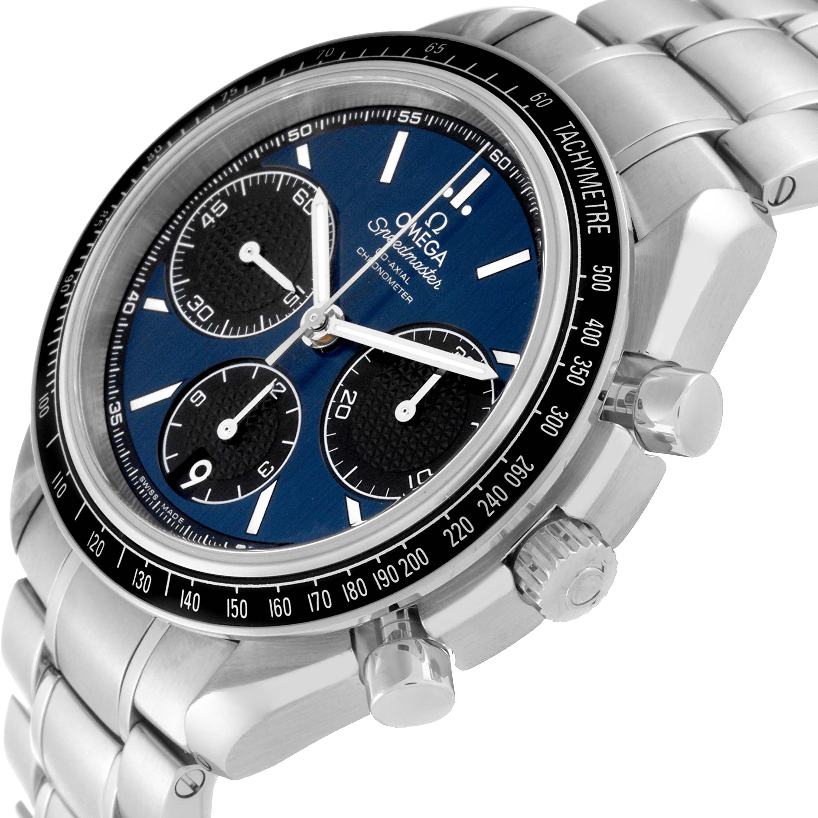 This image shows an angled side view of an Omega Speedmaster 326.30.40.50.03.001 Men
s Stainless Steel Blue Dial 326.30.40.50.03.001 Men
s Stainless Steel Blue Dial watch, highlighting the face, bezel, and chronograph pushers.