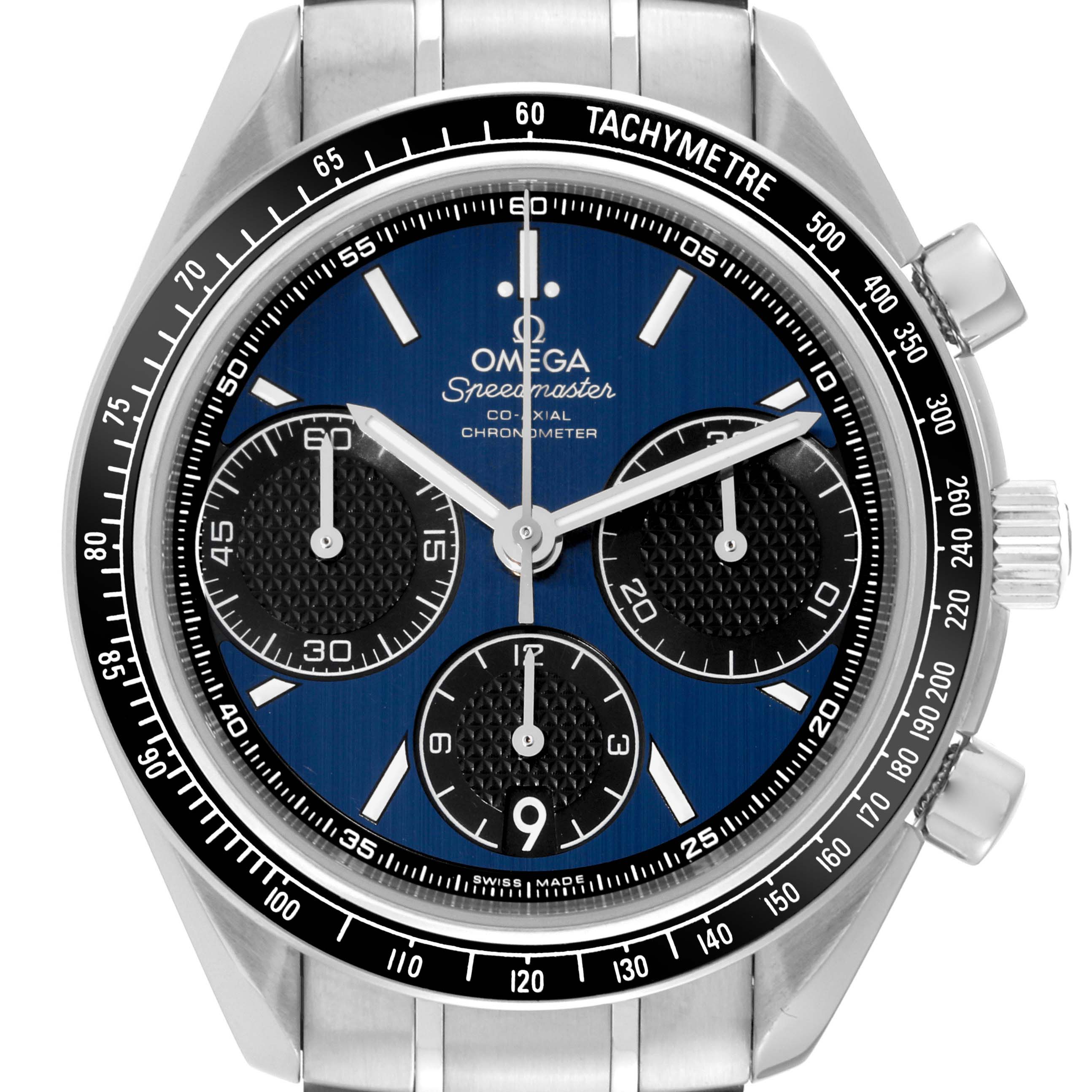 The image shows a frontal view of an Omega Speedmaster 326.30.40.50.03.001 Men
s Stainless Steel Blue Dial 326.30.40.50.03.001 Men
s Stainless Steel Blue Dial, highlighting the dial, subdials, tachymeter, and crown.