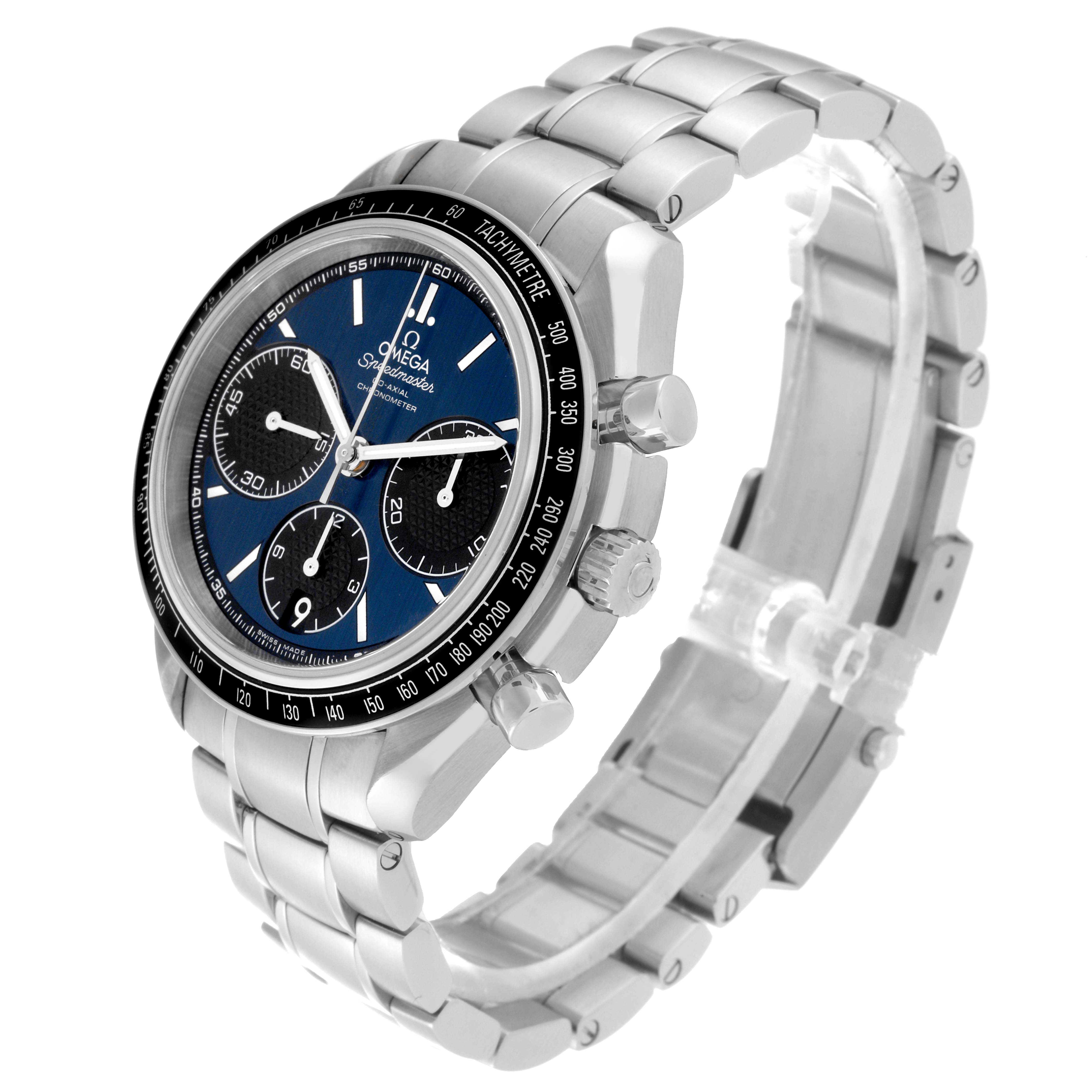 This image shows the Omega Speedmaster 326.30.40.50.03.001 Men
s Stainless Steel Blue Dial 326.30.40.50.03.001 Men
s Stainless Steel Blue Dial watch at a three-quarter angle highlighting the bracelet, dial, and chronograph pushers.