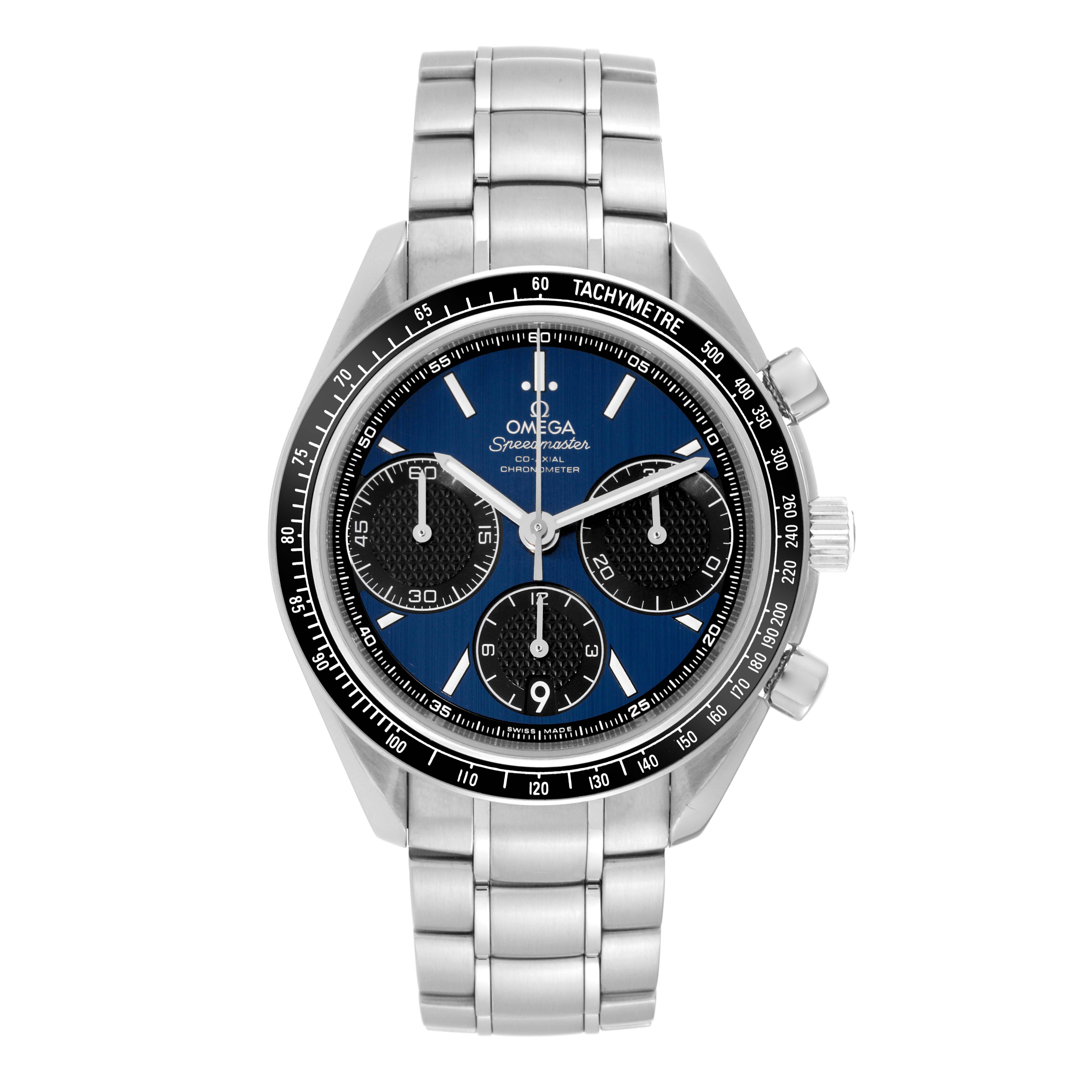 The image shows a front view of an Omega Speedmaster 326.30.40.50.03.001 Men
s Stainless Steel Blue Dial 326.30.40.50.03.001 Men
s Stainless Steel Blue Dial watch, highlighting its face, bezel, and metal bracelet.