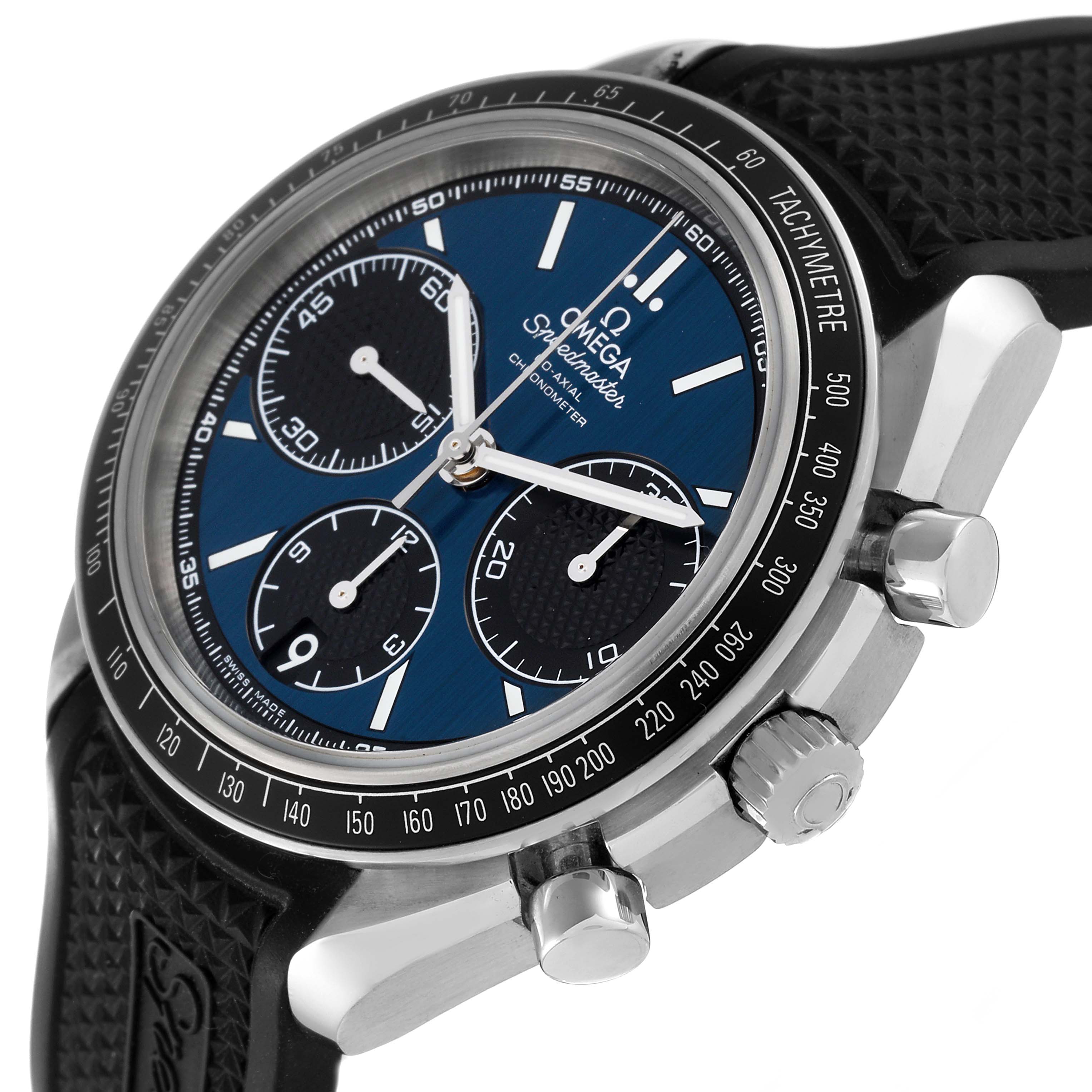 The image shows an Omega Speedmaster 326.32.40.50.03.001 Men's Stainless Steel Blue Dial 326.32.40.50.03.001 Men's Stainless Steel Blue Dial watch from a side angle, highlighting the dial, chronograph subdials, bezel, and crown.