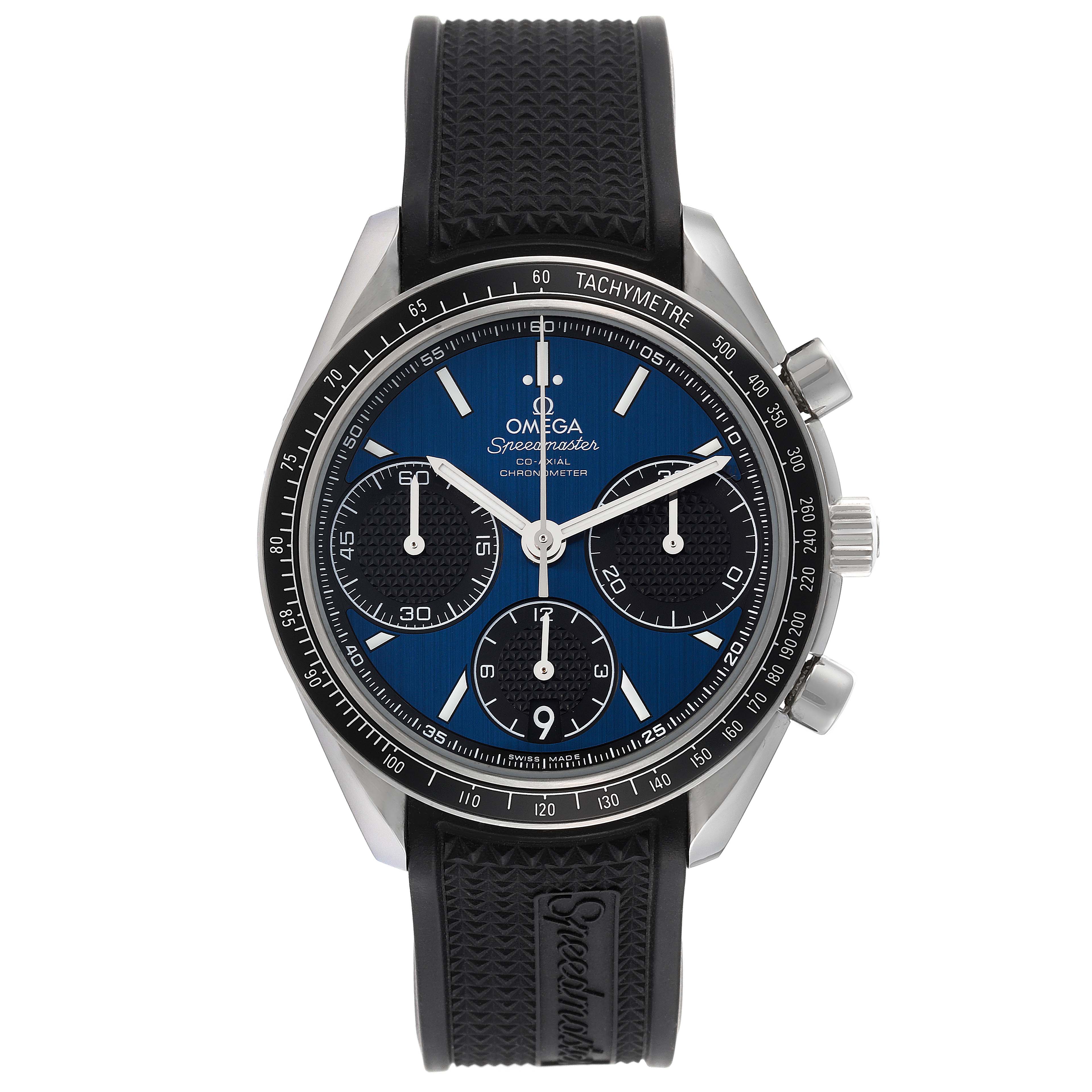 The image shows a front view of an Omega Speedmaster 326.32.40.50.03.001 Men's Stainless Steel Blue Dial 326.32.40.50.03.001 Men's Stainless Steel Blue Dial watch, highlighting its black tachymeter bezel, blue dial, subdials, and black rubber strap.