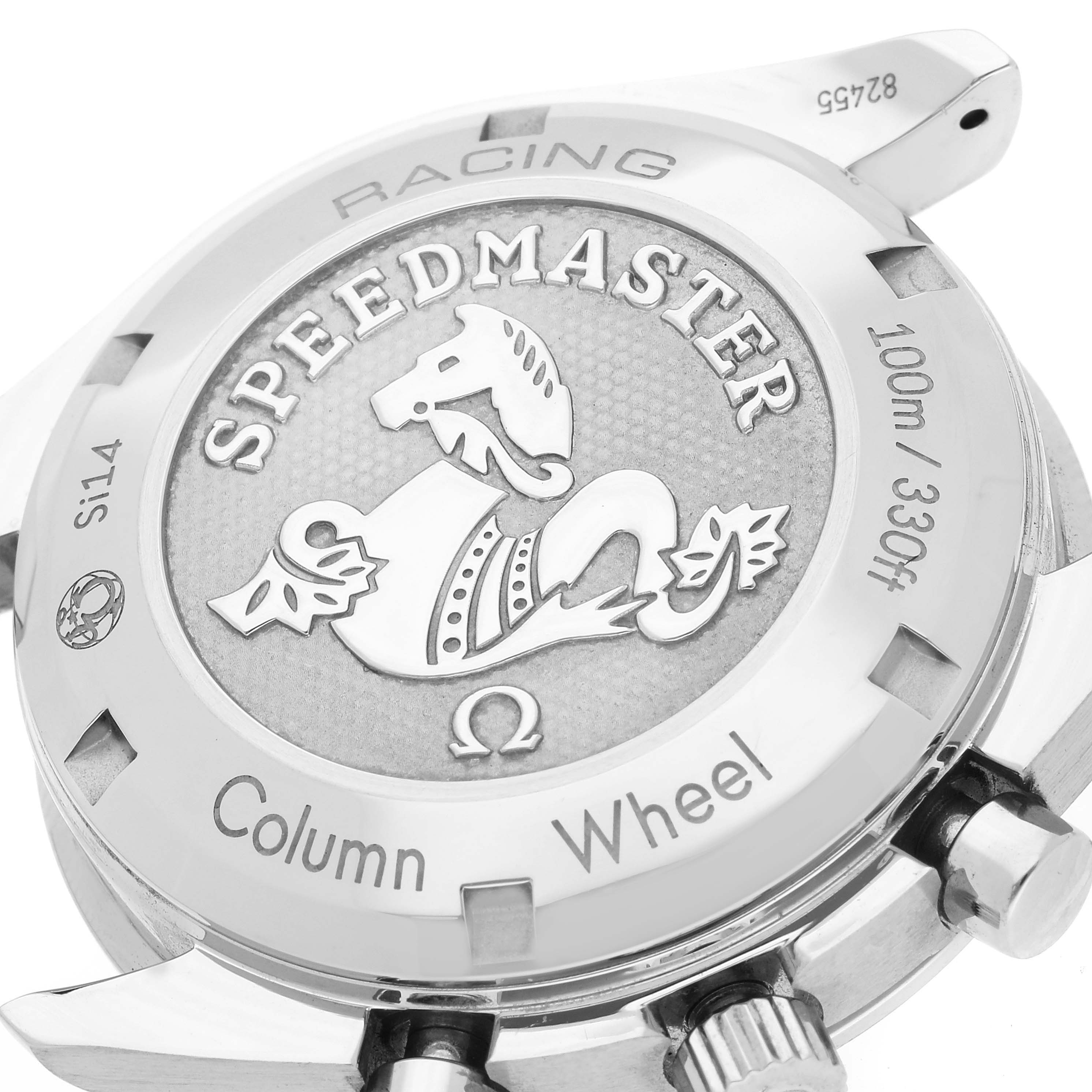 The image shows the back casing of an Omega Speedmaster 326.32.40.50.03.001 Men's Stainless Steel Blue Dial 326.32.40.50.03.001 Men's Stainless Steel Blue Dial watch at an angled close-up view.