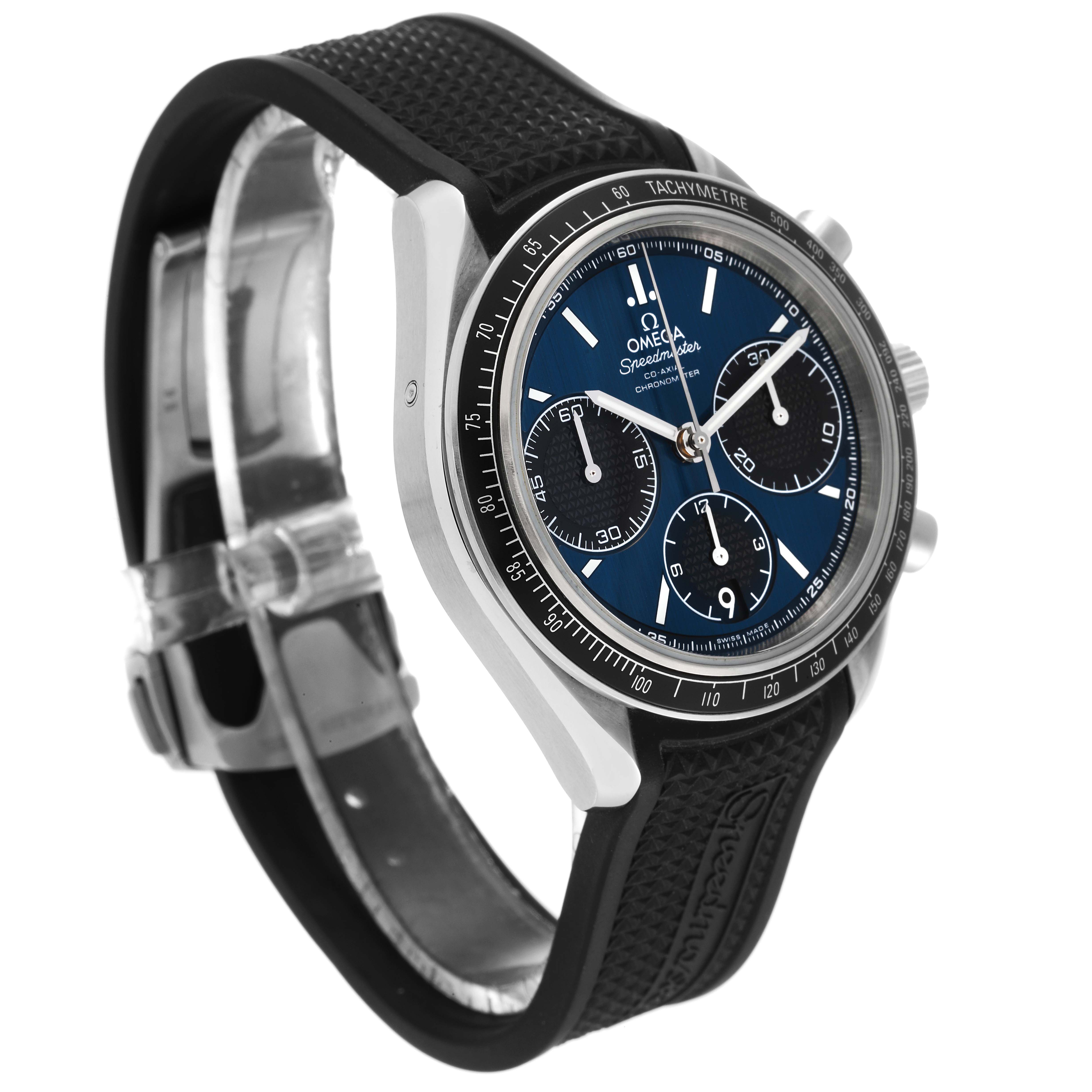 The Omega Speedmaster 326.32.40.50.03.001 Men's Stainless Steel Blue Dial 326.32.40.50.03.001 Men's Stainless Steel Blue Dial watch is shown at a three-quarter angle, highlighting its face, dials, bezel, and black strap.