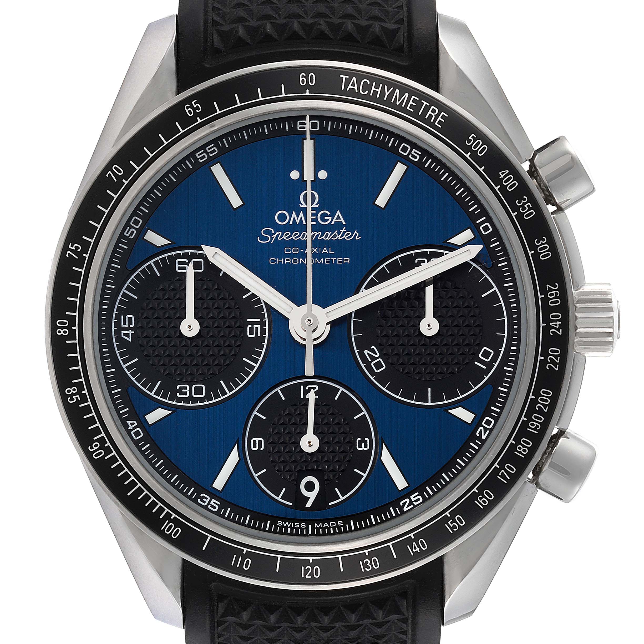 The image shows a frontal view of the Omega Speedmaster 326.32.40.50.03.001 Men's Stainless Steel Blue Dial 326.32.40.50.03.001 Men's Stainless Steel Blue Dial watch, highlighting its dial, tachymeter bezel, and chronograph subdials.