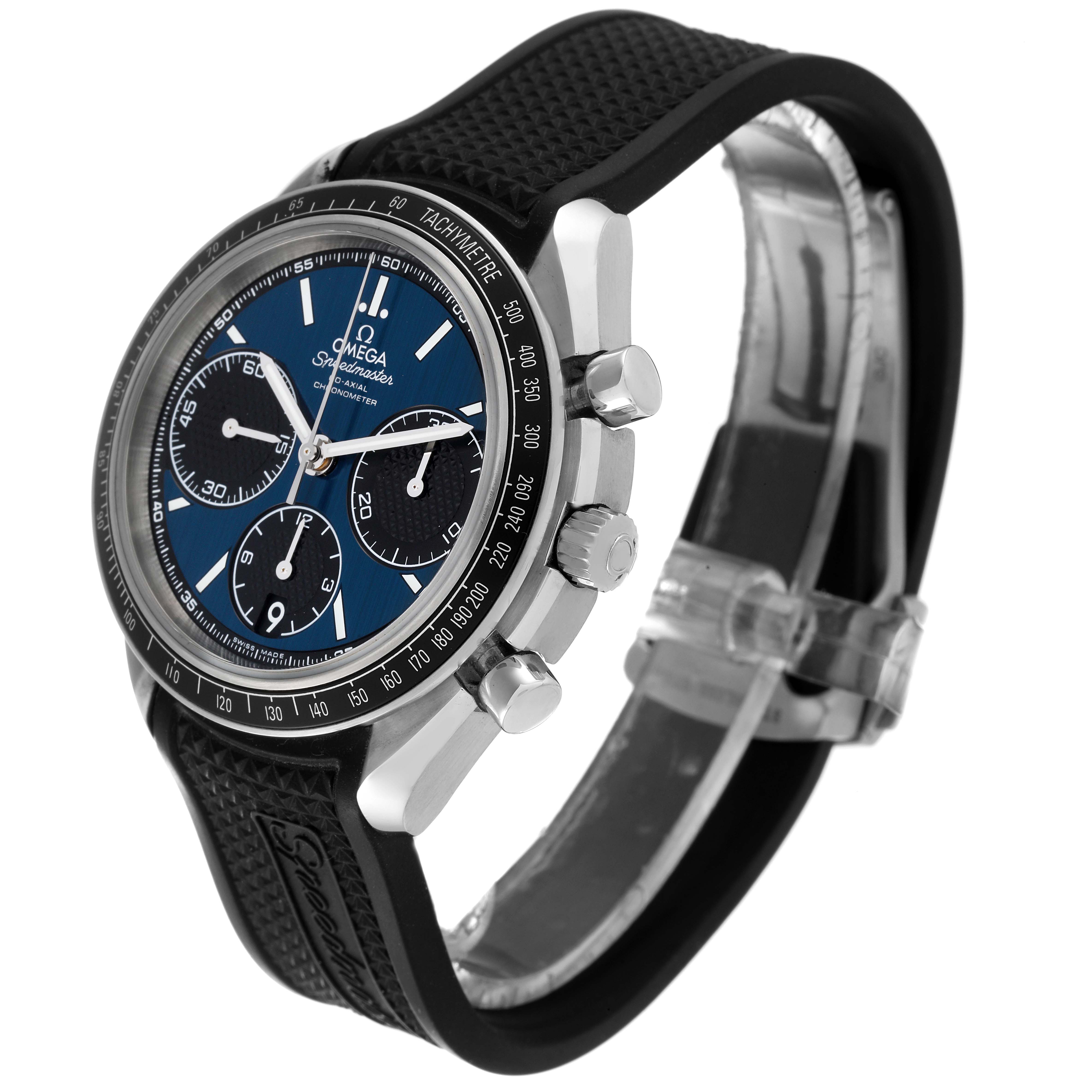 The Omega Speedmaster 326.32.40.50.03.001 Men's Stainless Steel Blue Dial 326.32.40.50.03.001 Men's Stainless Steel Blue Dial watch is shown at a slight angle, highlighting the face, side buttons, and black strap.