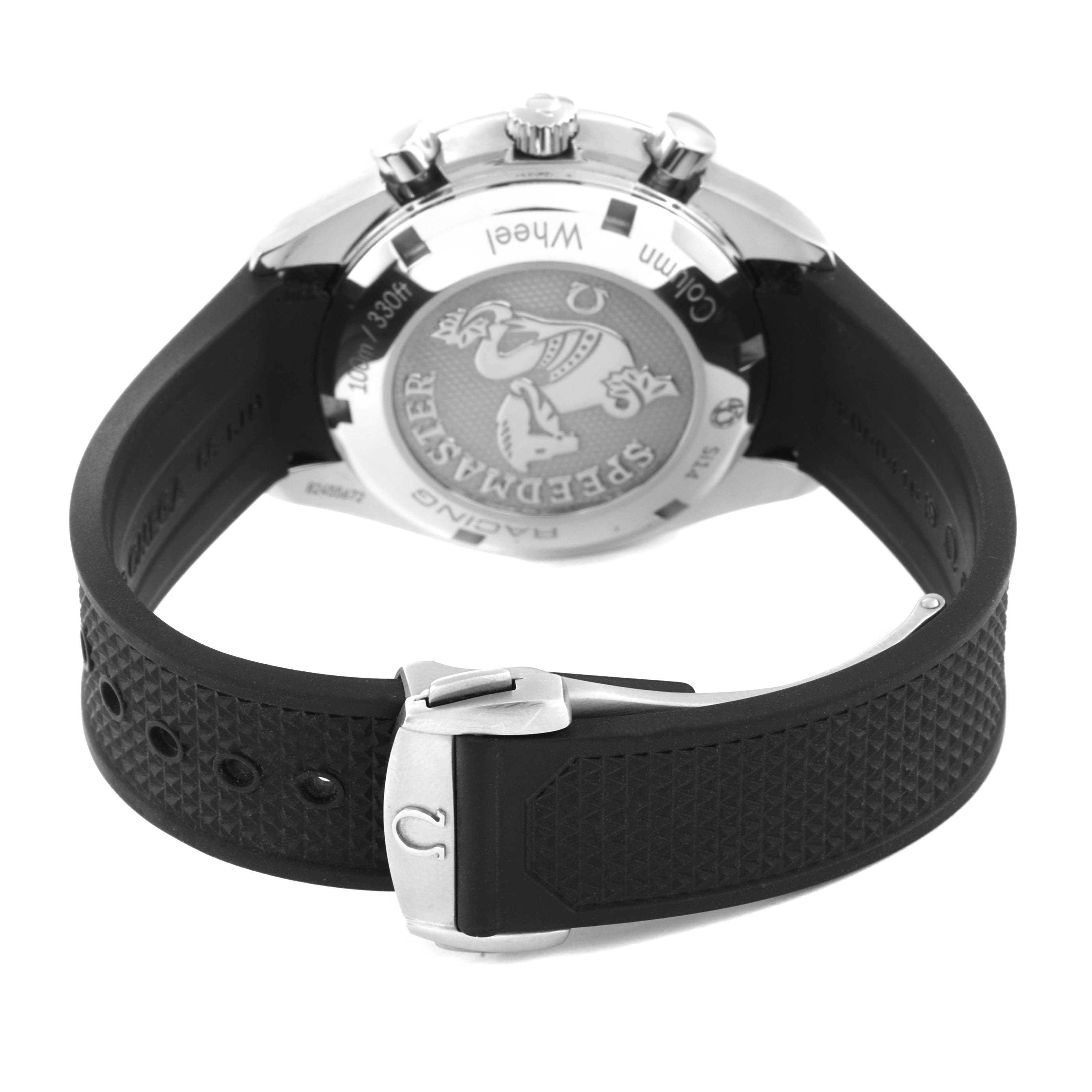 The image shows the back view of an Omega Speedmaster 326.32.40.50.03.001 Men's Stainless Steel Blue Dial 326.32.40.50.03.001 Men's Stainless Steel Blue Dial watch, highlighting the case back and the rubber strap with a buckle.