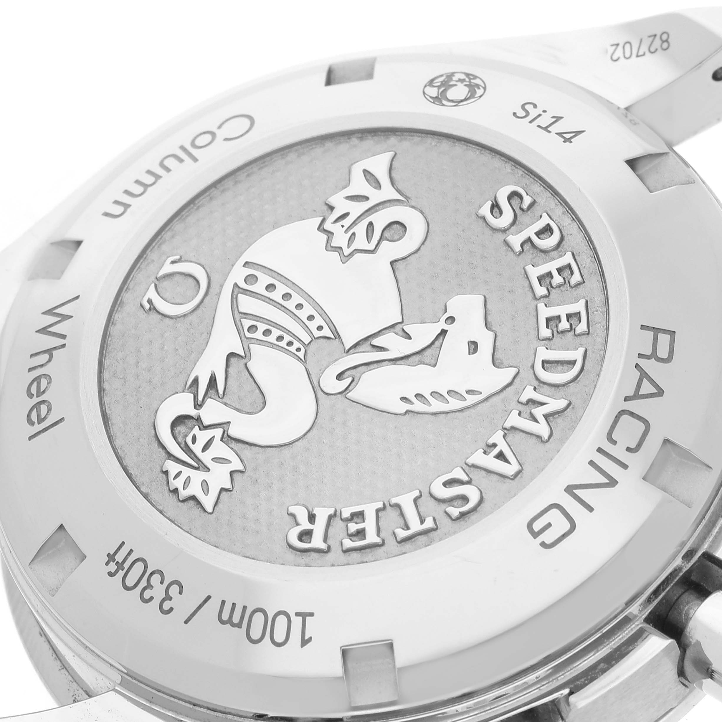 The image shows the case back of the Omega Speedmaster 326.32.40.50.06.001 Men's Stainless Steel Grey Dial 326.32.40.50.06.001 Men's Stainless Steel Grey Dial watch, highlighting its design, engraving, and specific details like "Column Wheel," "Si14," and "Racing."
