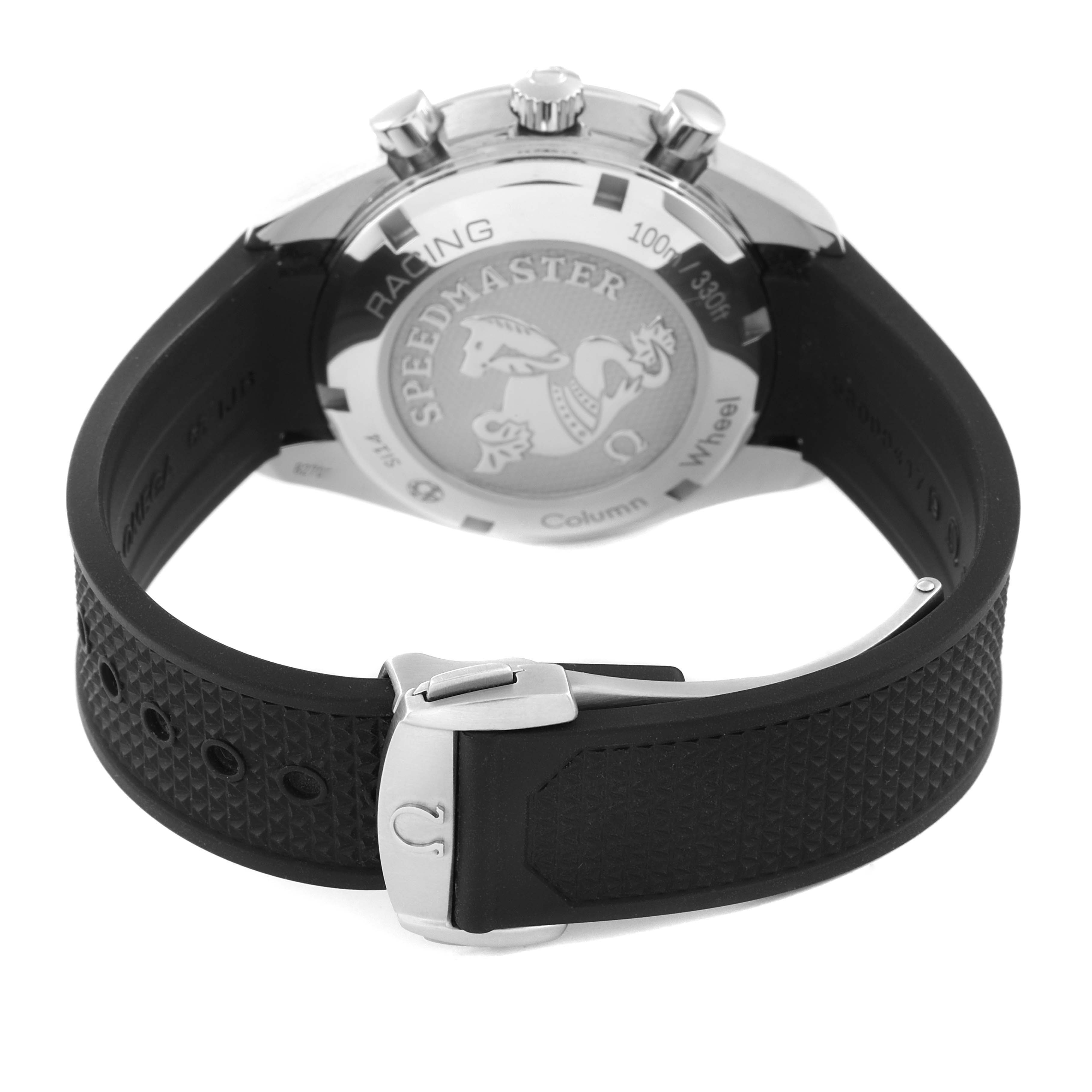 The image shows the back view of the Omega Speedmaster 326.32.40.50.06.001 Men's Stainless Steel Grey Dial 326.32.40.50.06.001 Men's Stainless Steel Grey Dial watch, focusing on the case back and the clasp of the strap.