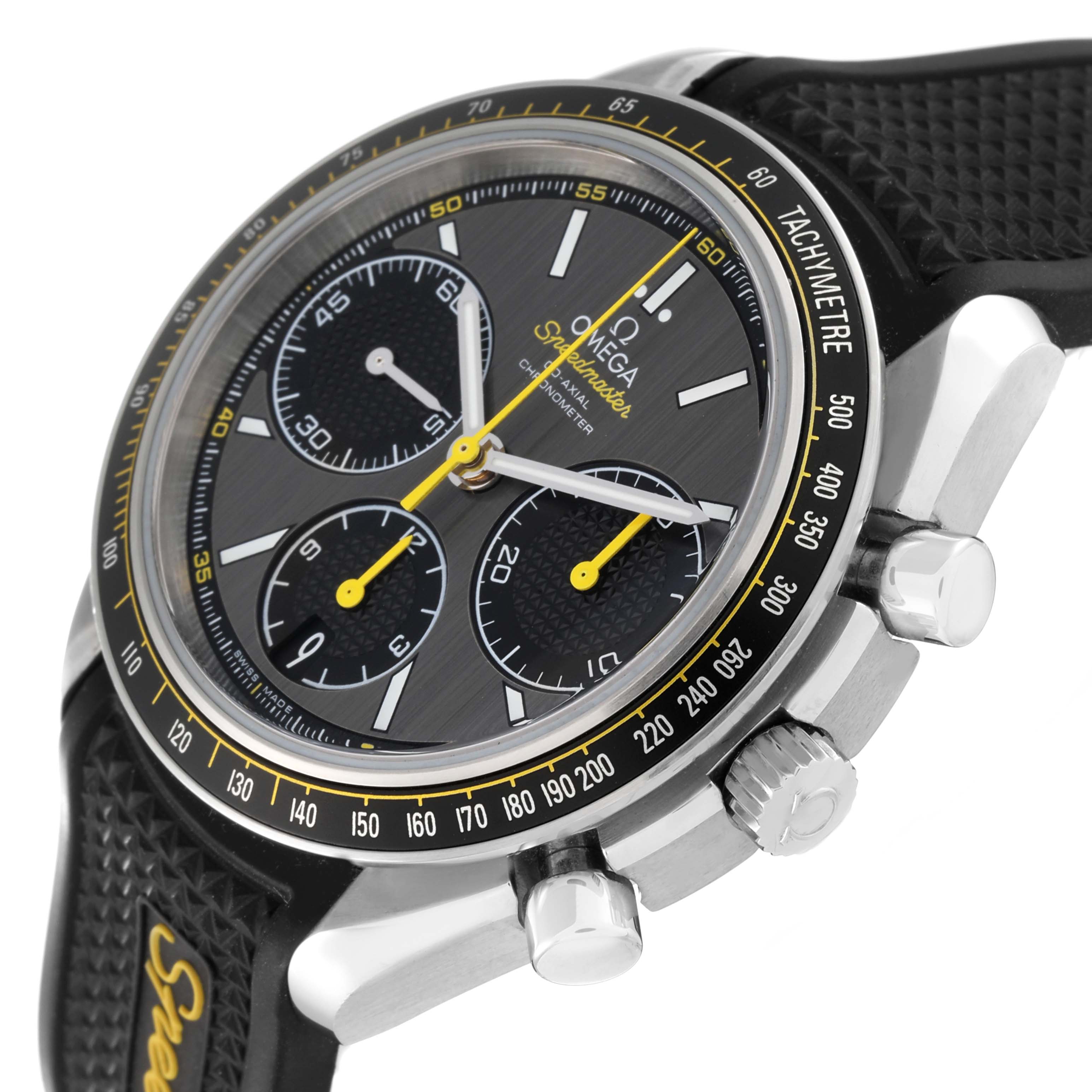 This image shows a close-up angle of an Omega Speedmaster 326.32.40.50.06.001 Men's Stainless Steel Grey Dial 326.32.40.50.06.001 Men's Stainless Steel Grey Dial, highlighting the dial, tachymeter bezel, and side buttons.