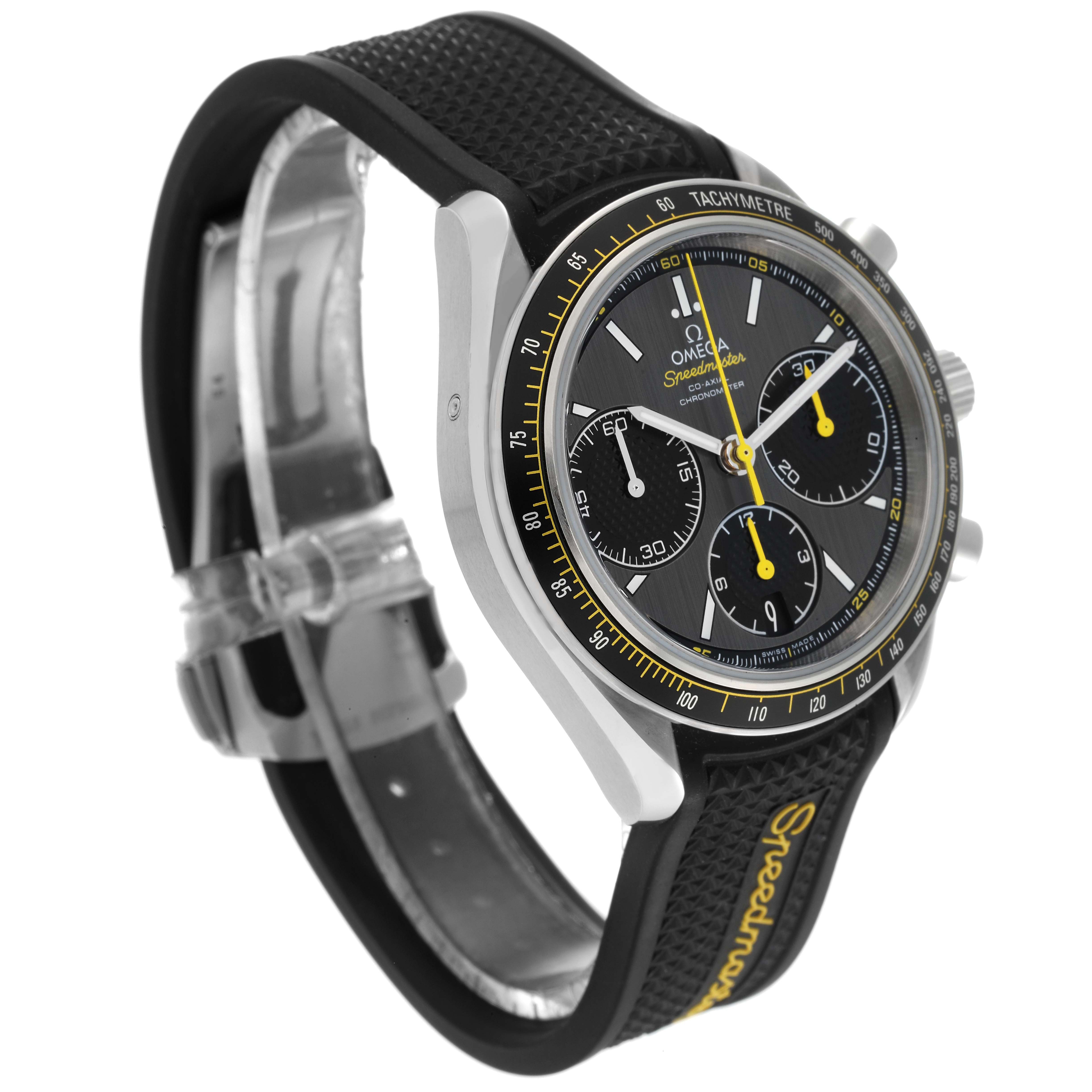 This image shows an angled side view of an Omega Speedmaster 326.32.40.50.06.001 Men's Stainless Steel Grey Dial 326.32.40.50.06.001 Men's Stainless Steel Grey Dial watch, featuring the dial, bezel, and rubber strap.