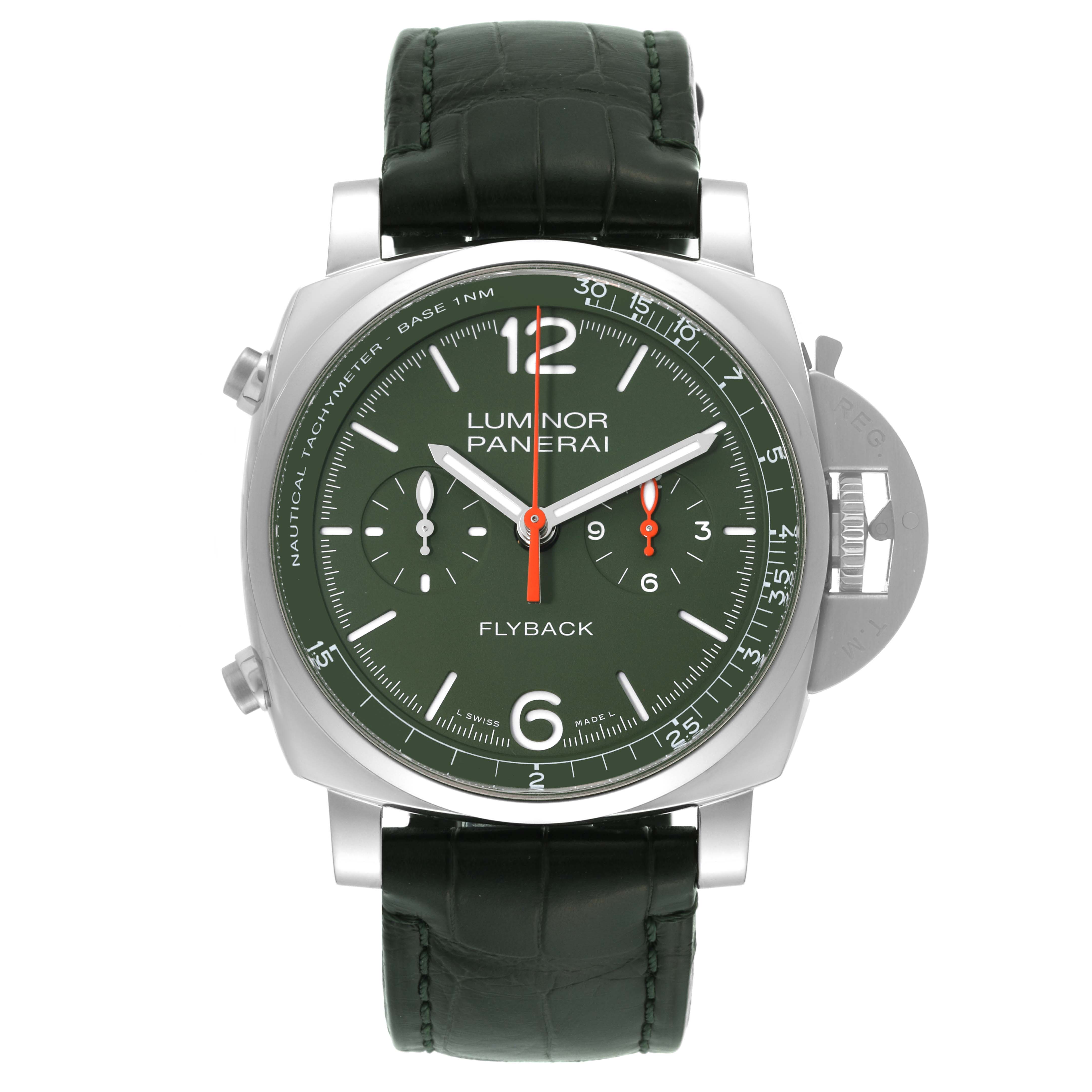 The image shows a front view of a Panerai Luminor PAM01296 Men's Stainless Steel Green Dial PAM01296 Men's Stainless Steel Green Dial model watch with a green dial and black leather strap.