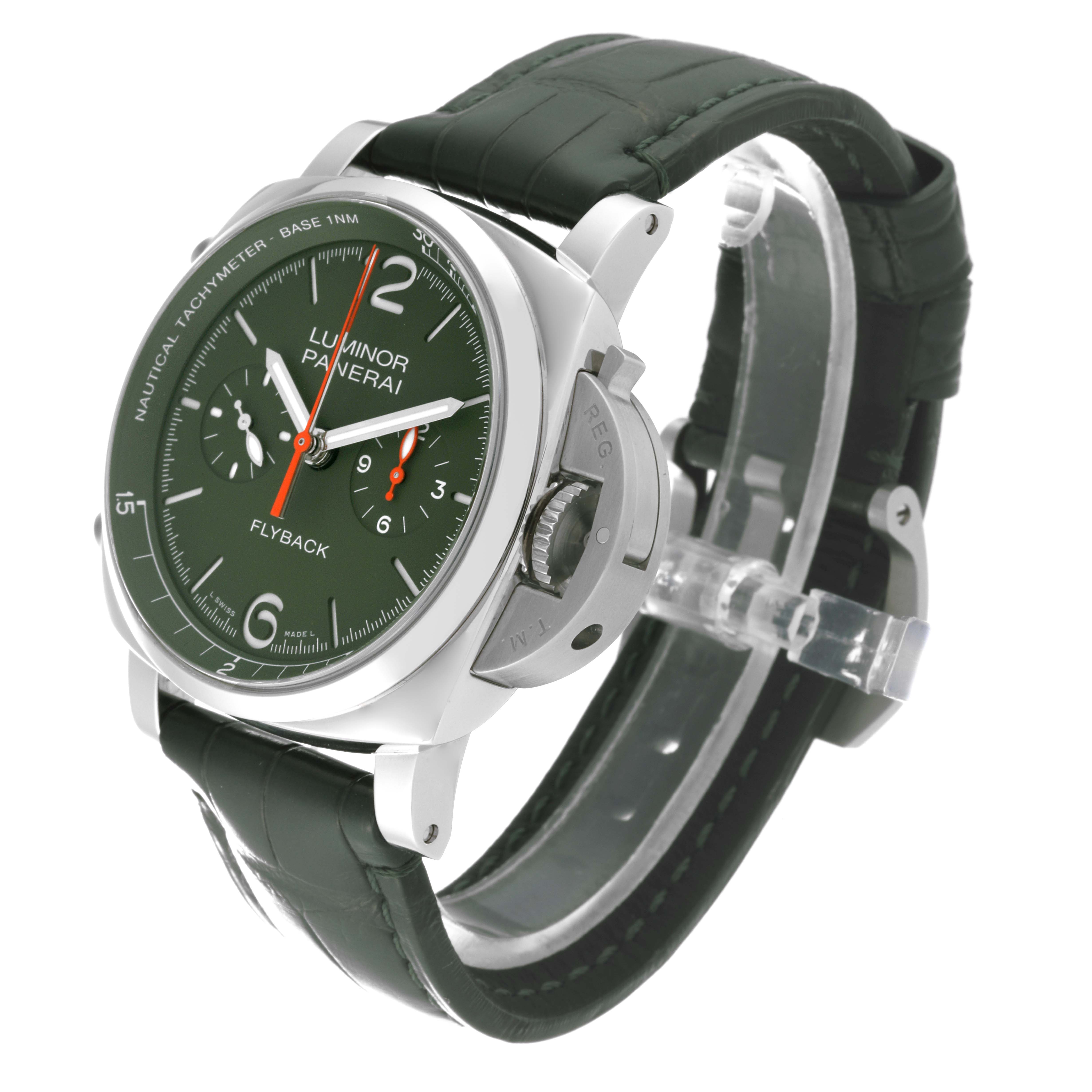 This image shows a Panerai Luminor PAM01296 Men's Stainless Steel Green Dial PAM01296 Men's Stainless Steel Green Dial watch angled from the front-left, highlighting the dial, crown guard, and strap.