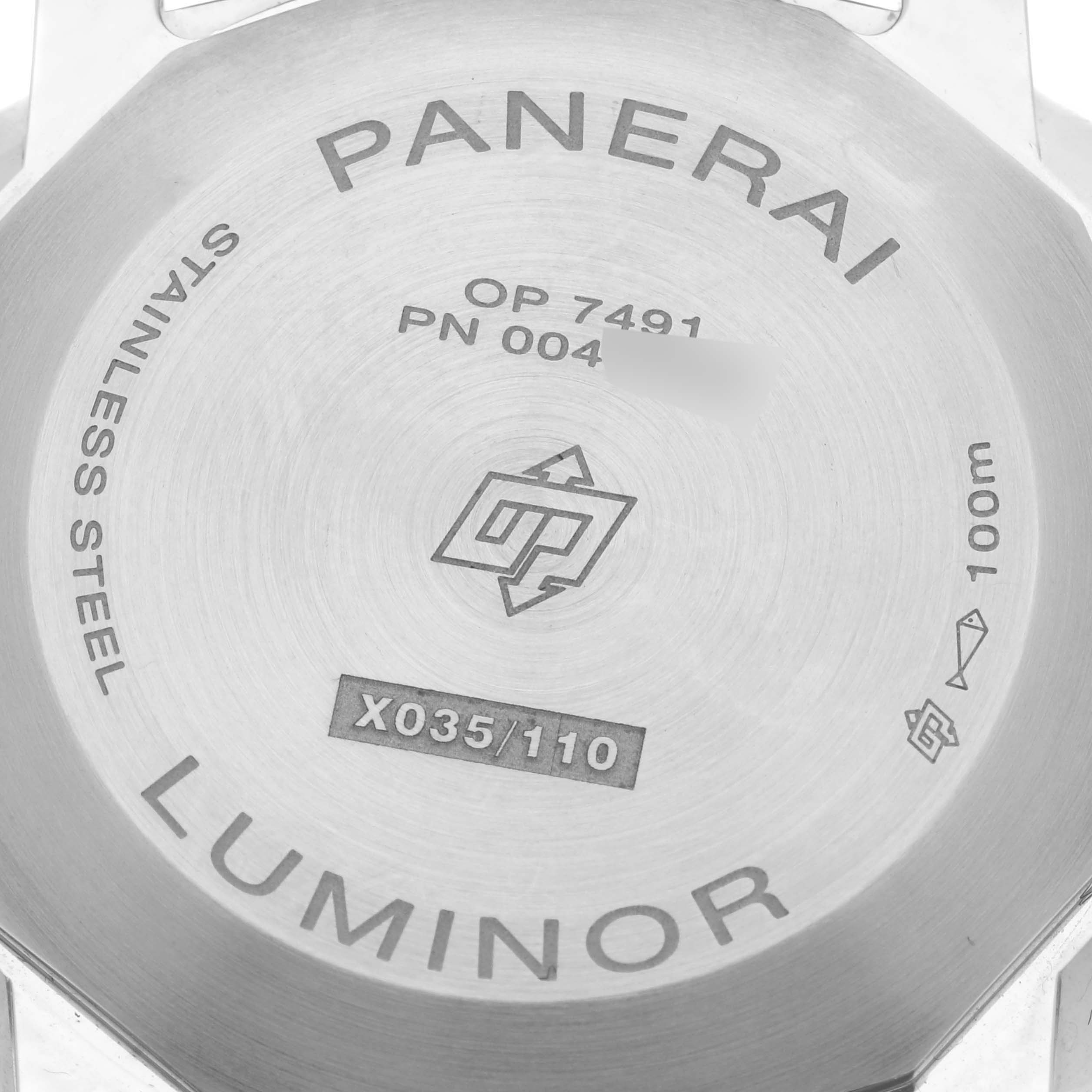 The image shows the back case of a Panerai Luminor PAM01296 Men's Stainless Steel Green Dial PAM01296 Men's Stainless Steel Green Dial watch.