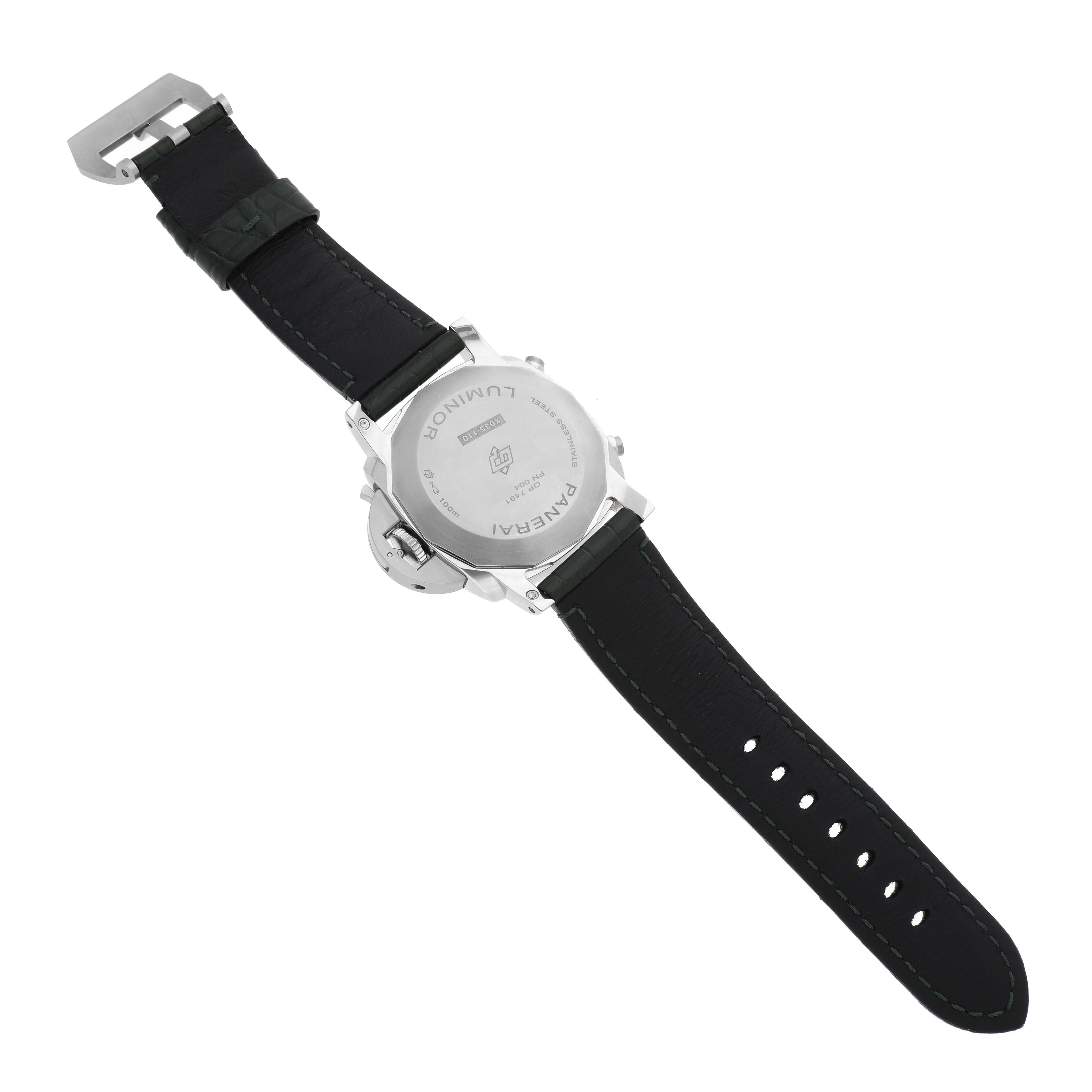 The image shows the back view of a Panerai Luminor PAM01296 Men's Stainless Steel Green Dial PAM01296 Men's Stainless Steel Green Dial watch, highlighting its case back, strap, and buckle.