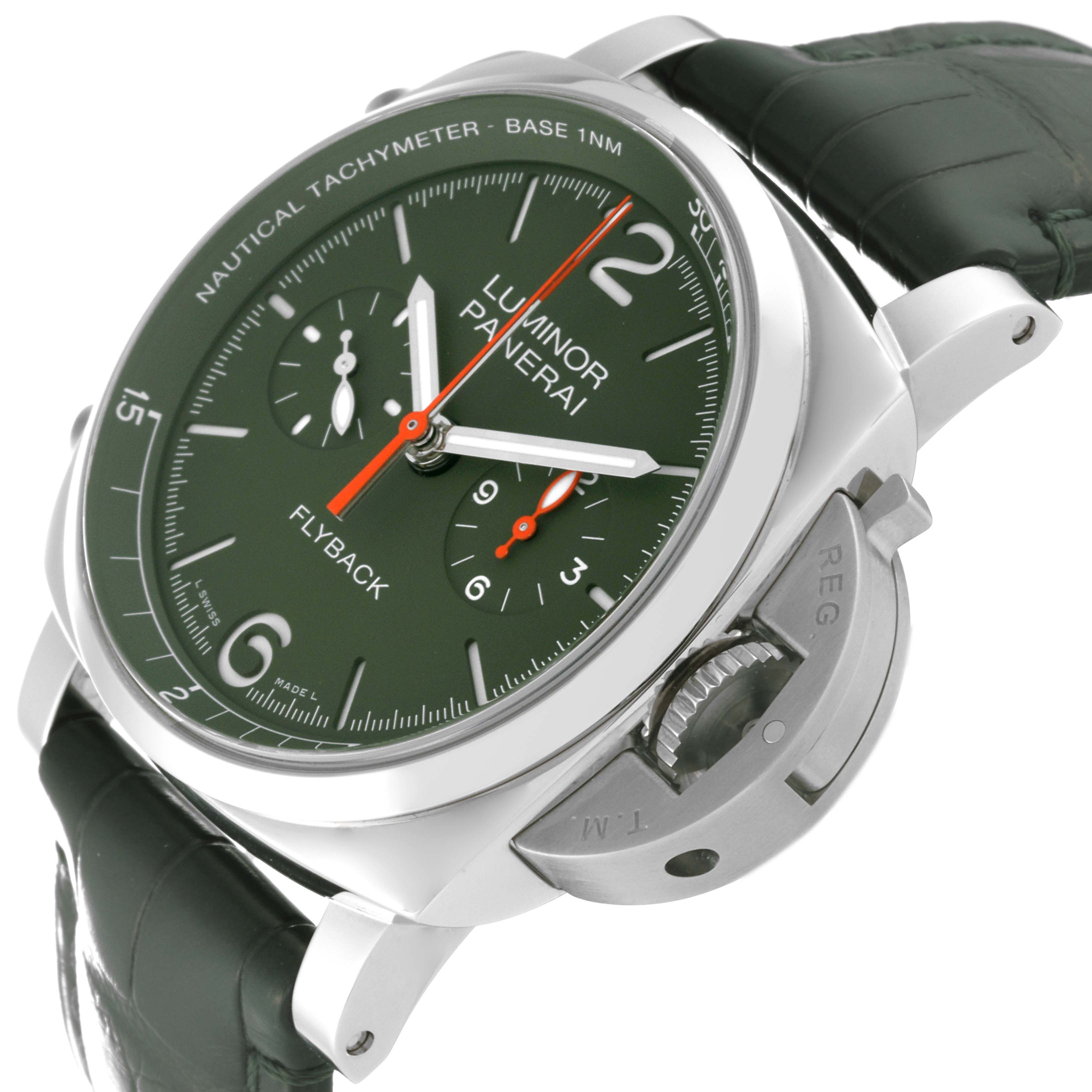 The image shows a side angle of a Panerai Luminor PAM01296 Men's Stainless Steel Green Dial PAM01296 Men's Stainless Steel Green Dial watch, displaying the dial, crown guard, and strap.