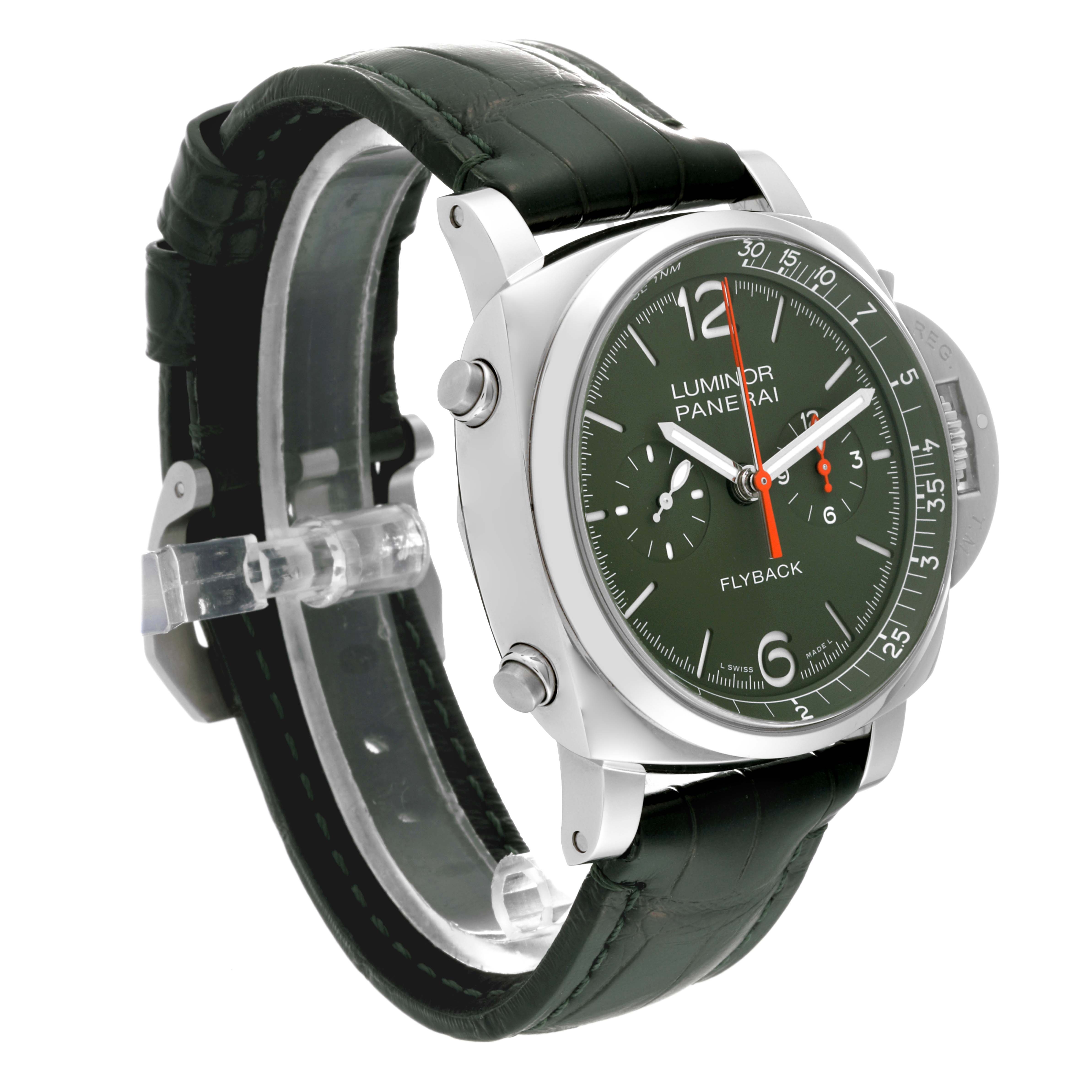 The image shows the Panerai Luminor PAM01296 Men's Stainless Steel Green Dial PAM01296 Men's Stainless Steel Green Dial watch at an angled side view, highlighting its face, crown, and leather strap.